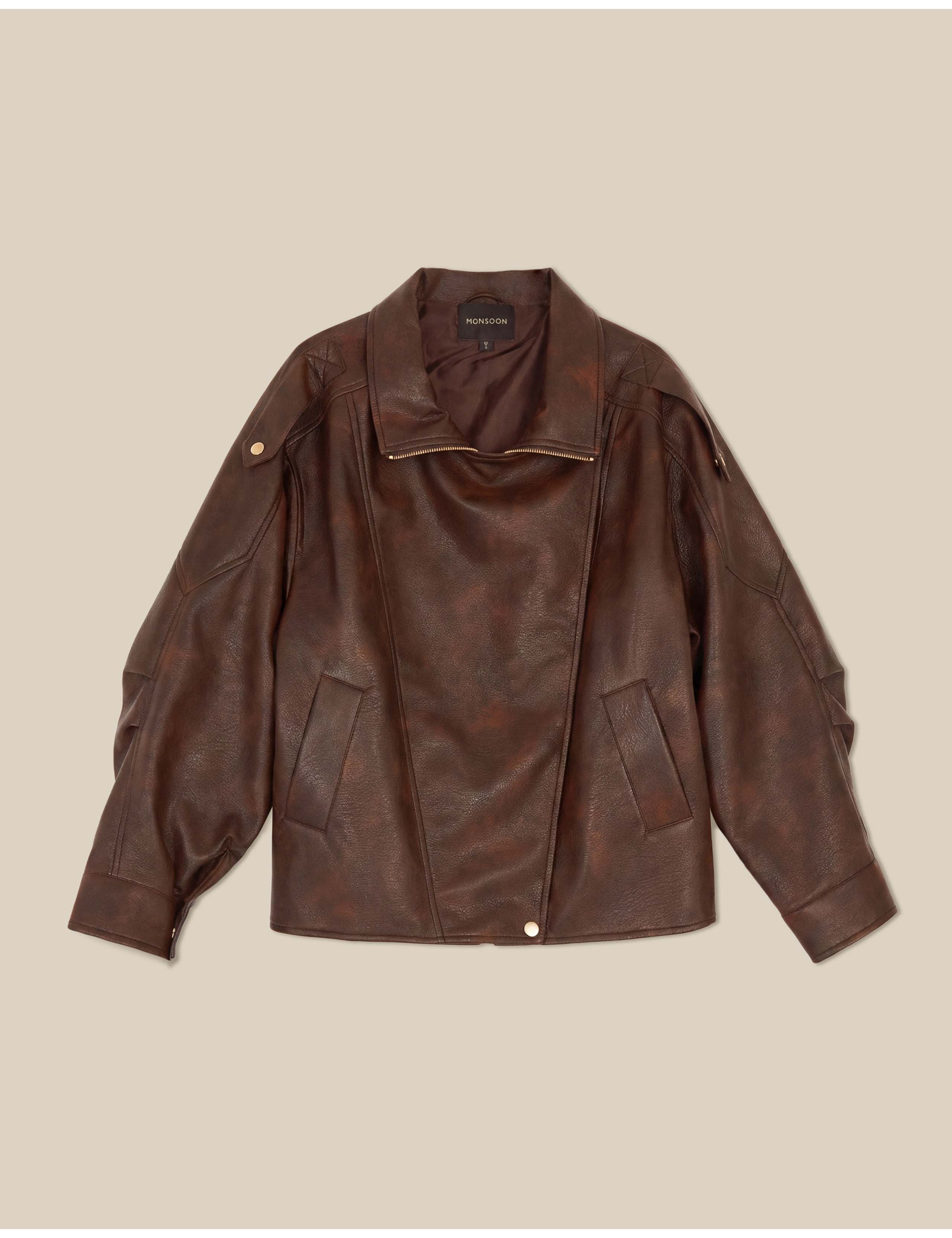 Faux Leather Funnel Neck Bomber Jacket 2 of 5