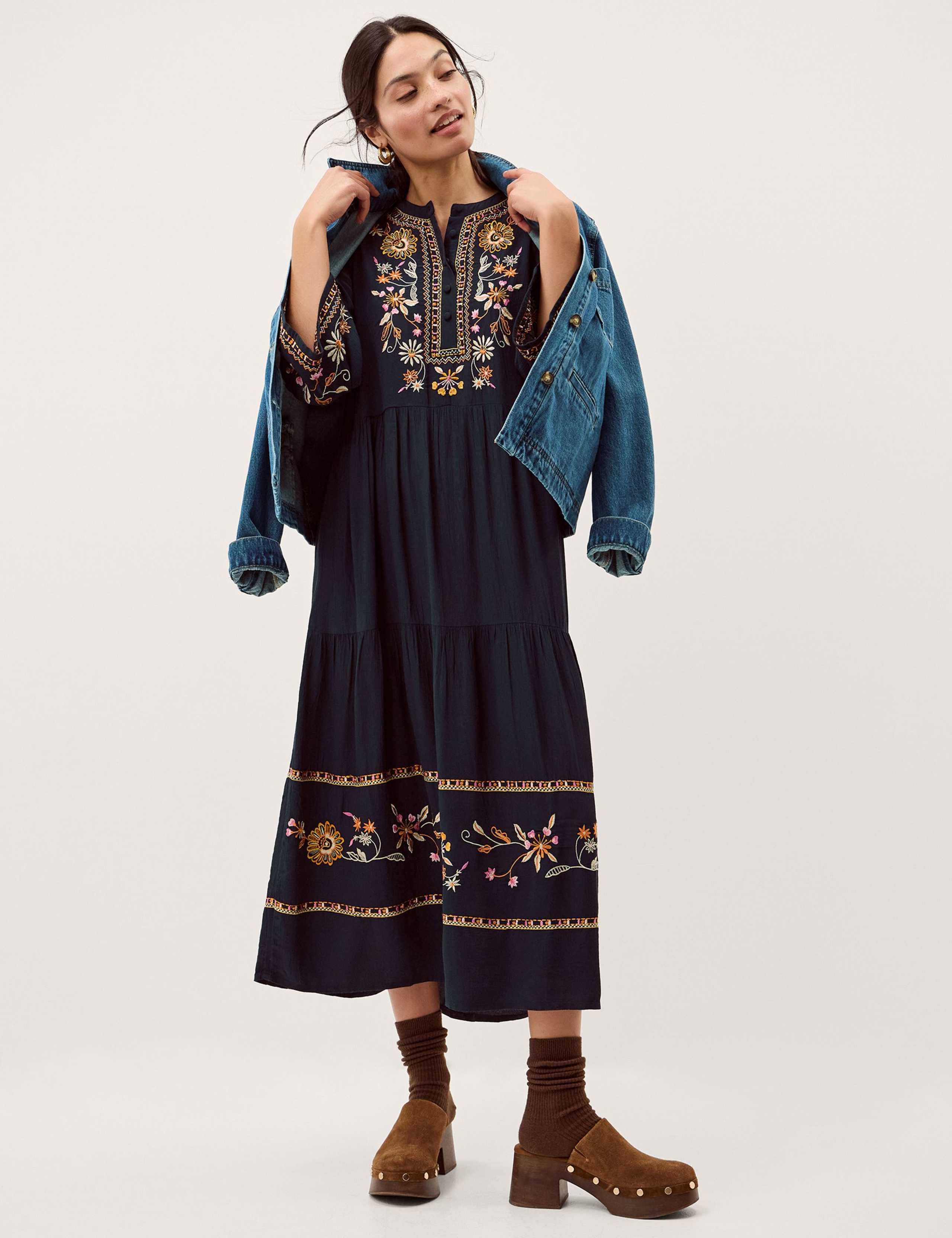 Embroidered Midi Smock Dress 3 of 5