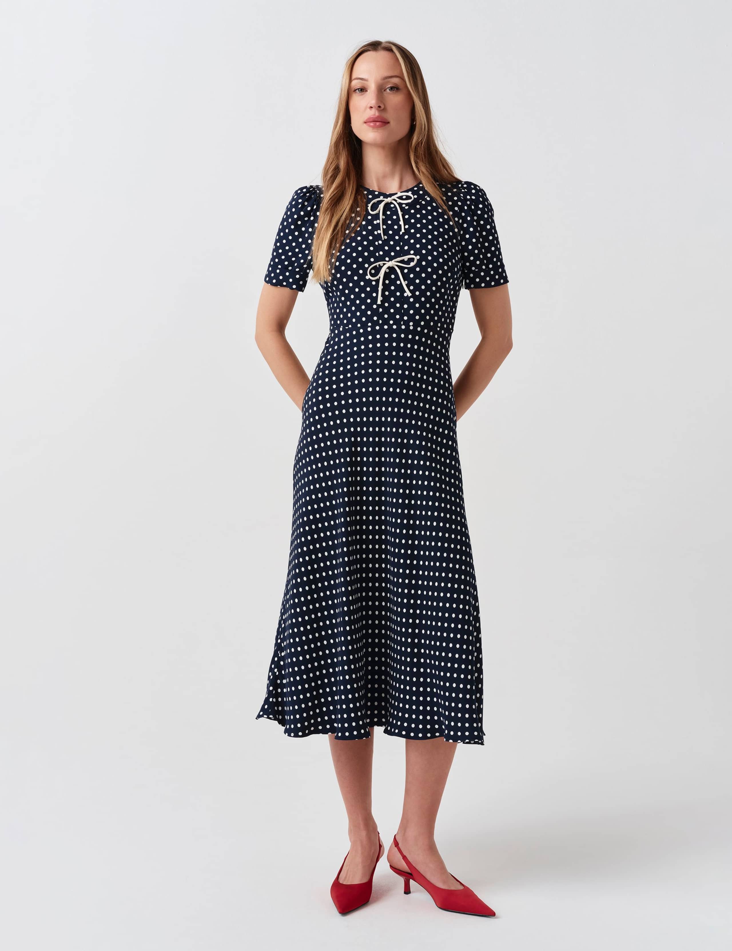 Polka Dot Tie Detail Midi Tea Dress 2 of 6