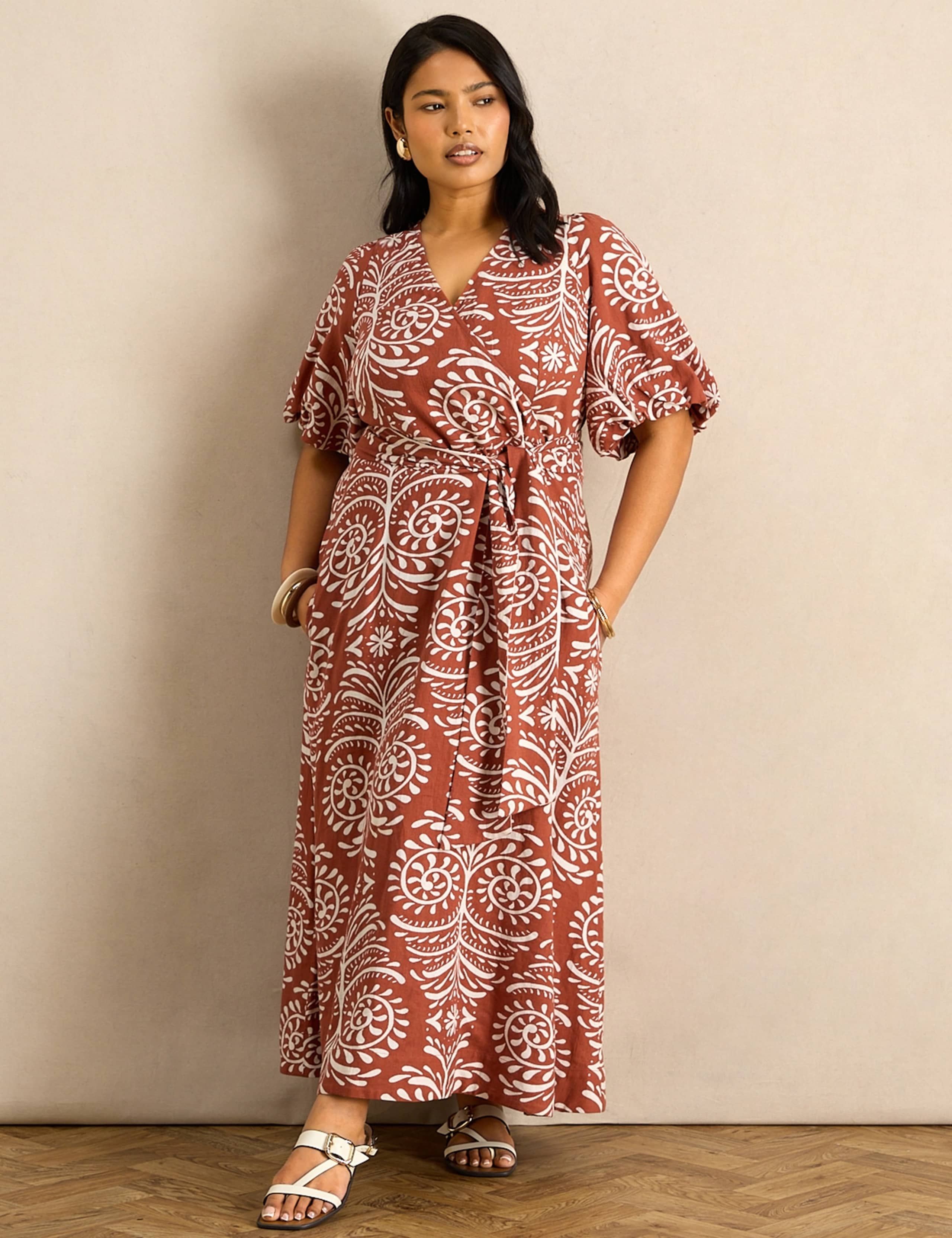 Linen Blend Printed V-Neck Midaxi Wrap Dress 1 of 6