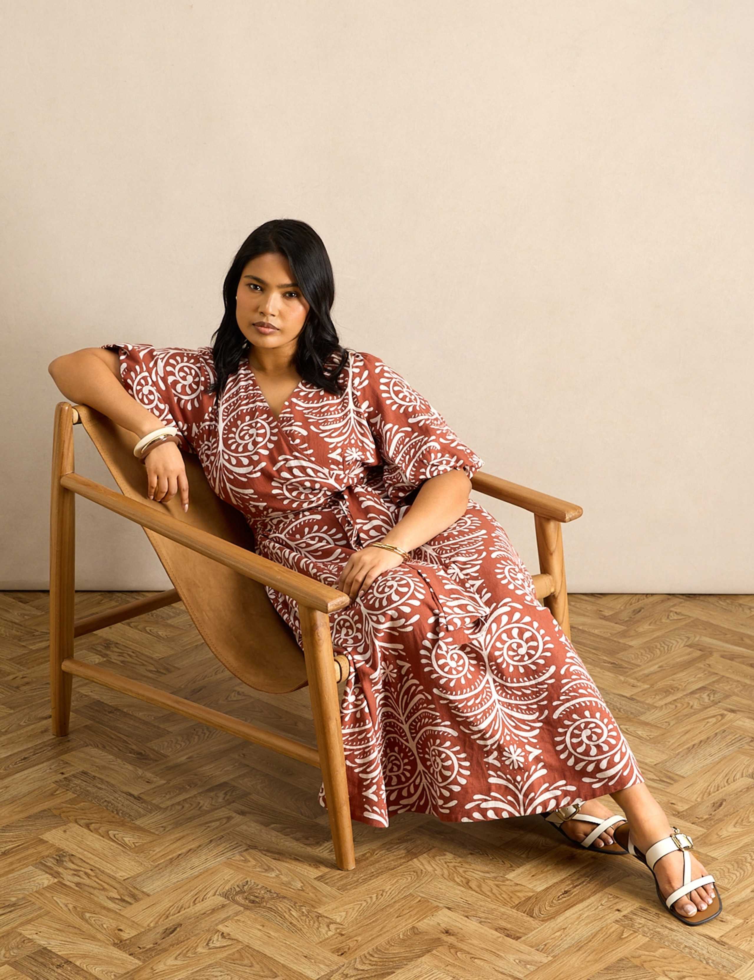 Linen Blend Printed V-Neck Midaxi Wrap Dress 2 of 6