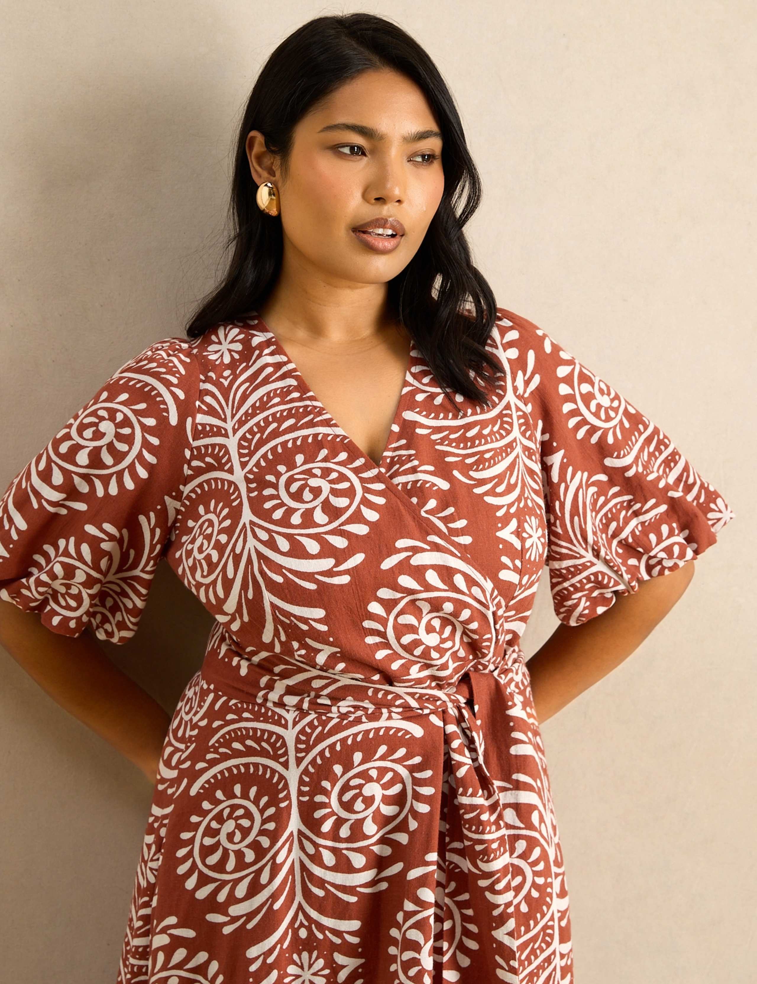 Linen Blend Printed V-Neck Midaxi Wrap Dress 3 of 6