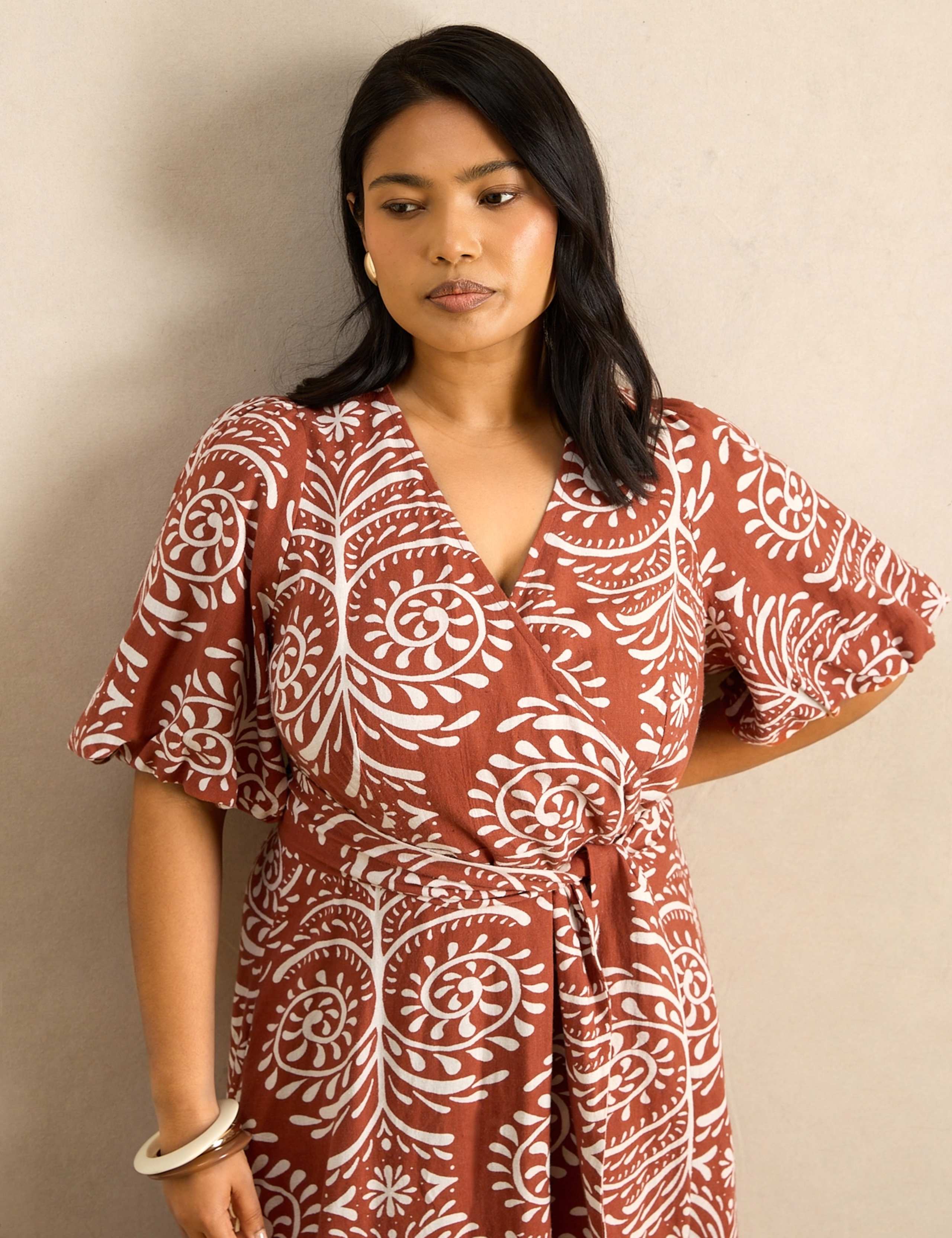Linen Blend Printed V-Neck Midaxi Wrap Dress 4 of 6