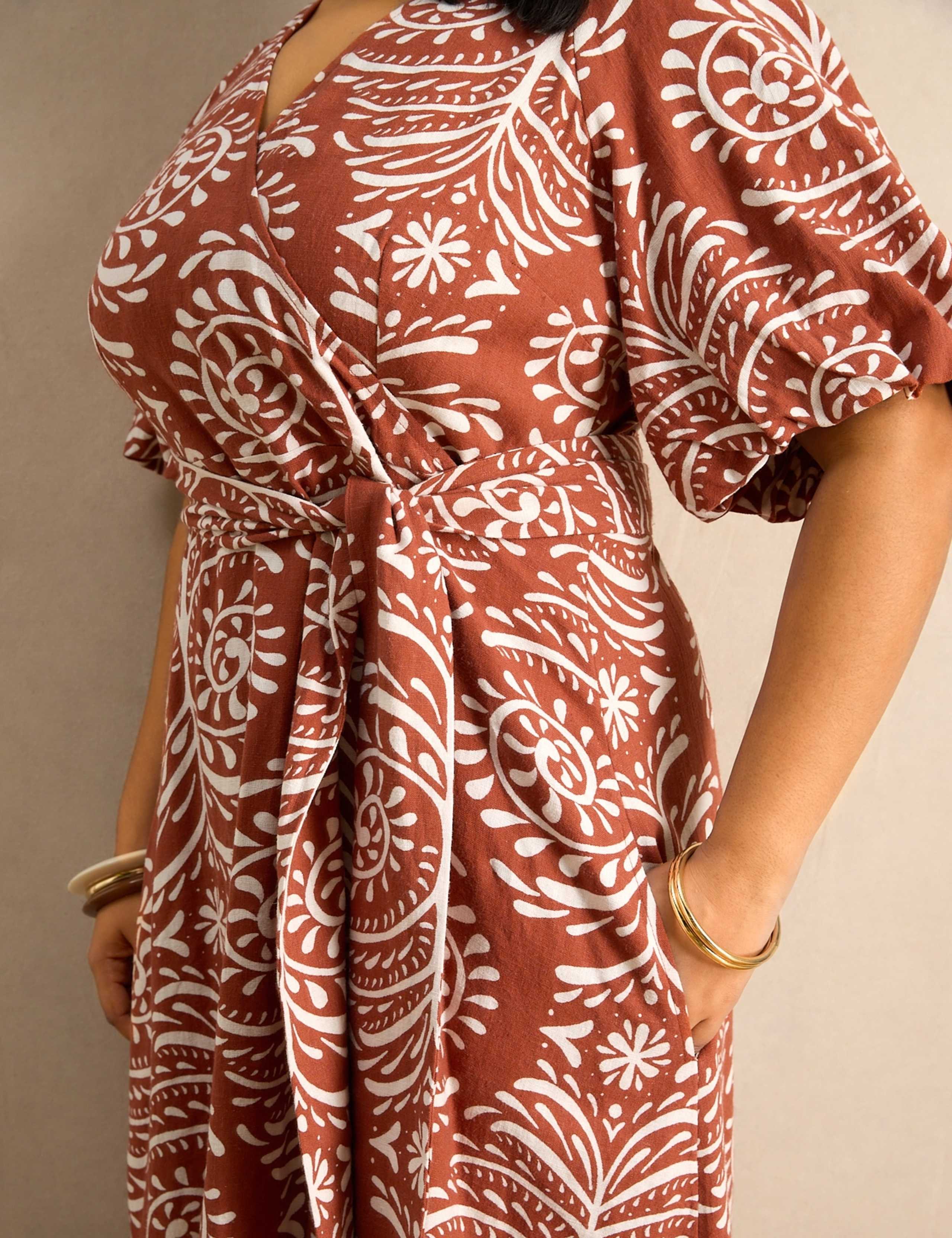 Linen Blend Printed V-Neck Midaxi Wrap Dress 6 of 6
