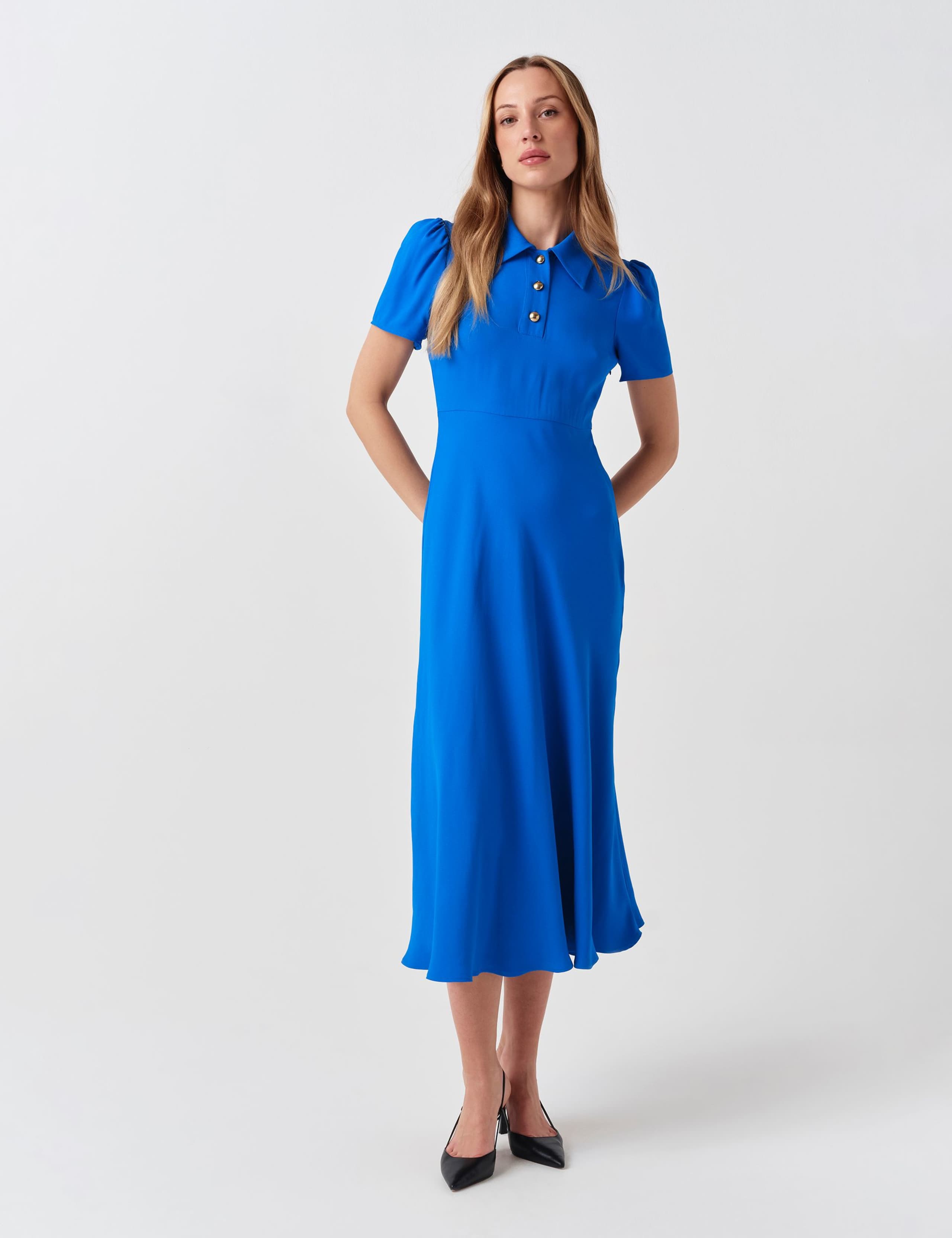 Crepe Collared Puff Sleeve Midi Shirt Dress 2 of 6