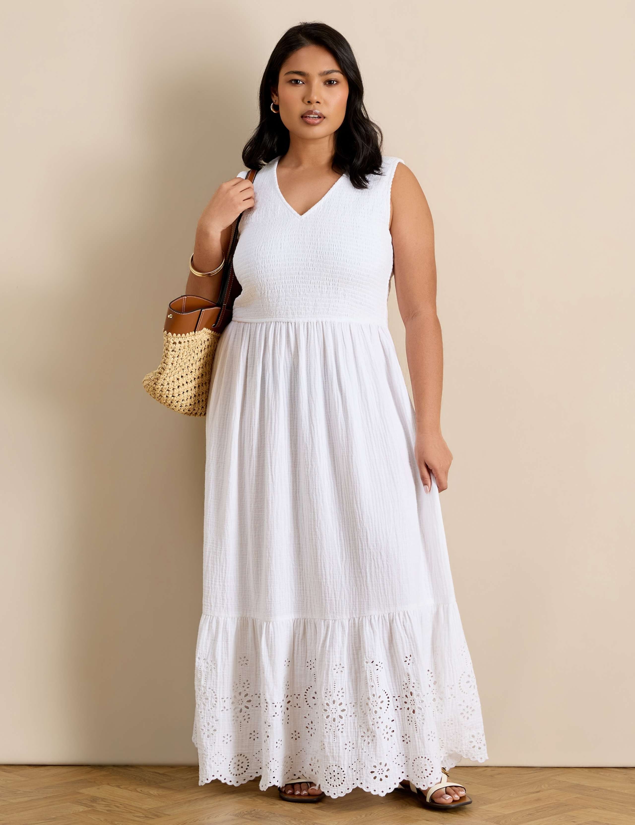 Pure Cotton Broderie Midaxi Waisted Dress 1 of 6