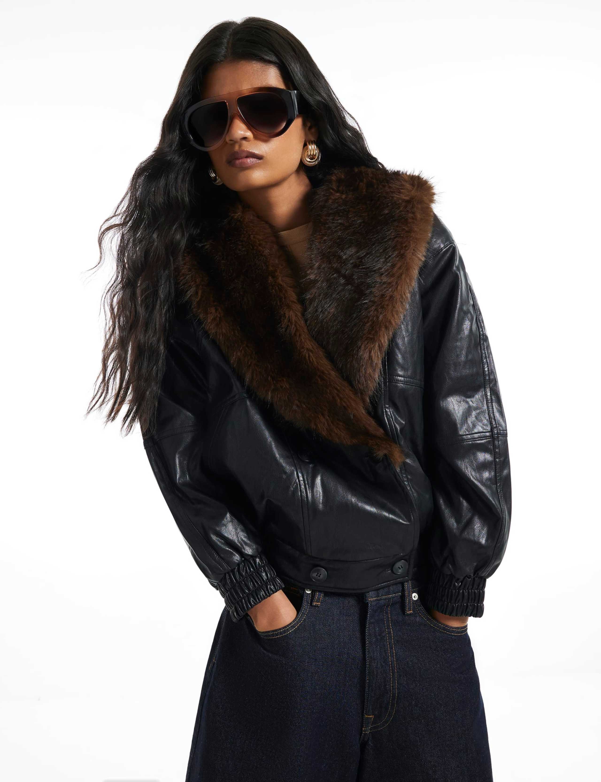 Faux Leather Faux Fur Collar Aviator Jacket 2 of 6