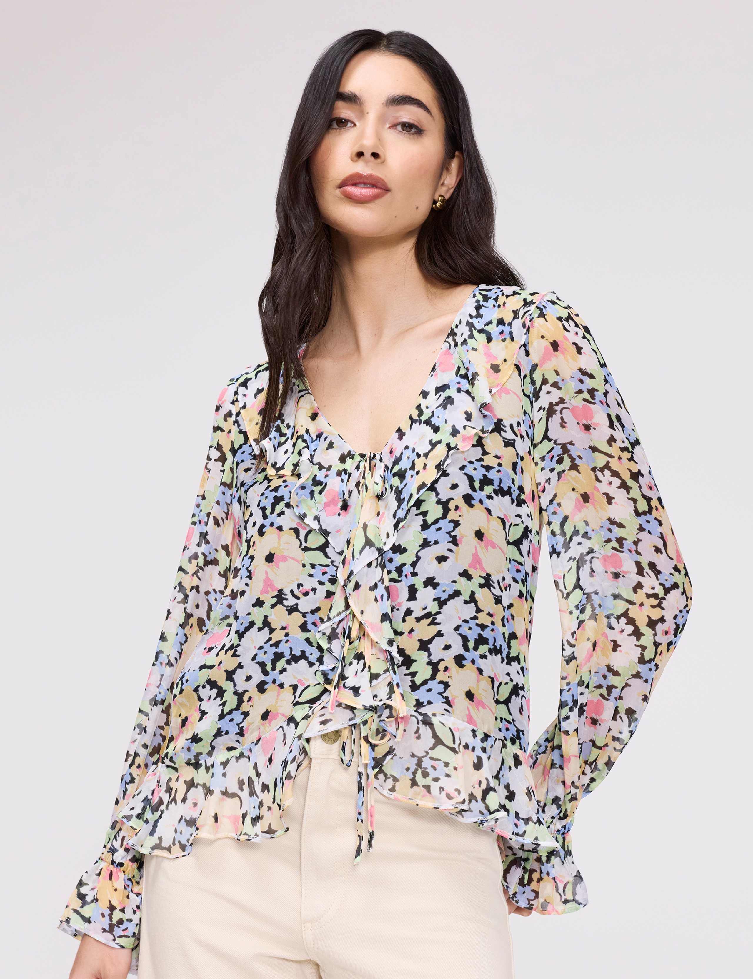 Floral V- Neck Ruffle Blouse 3 of 8