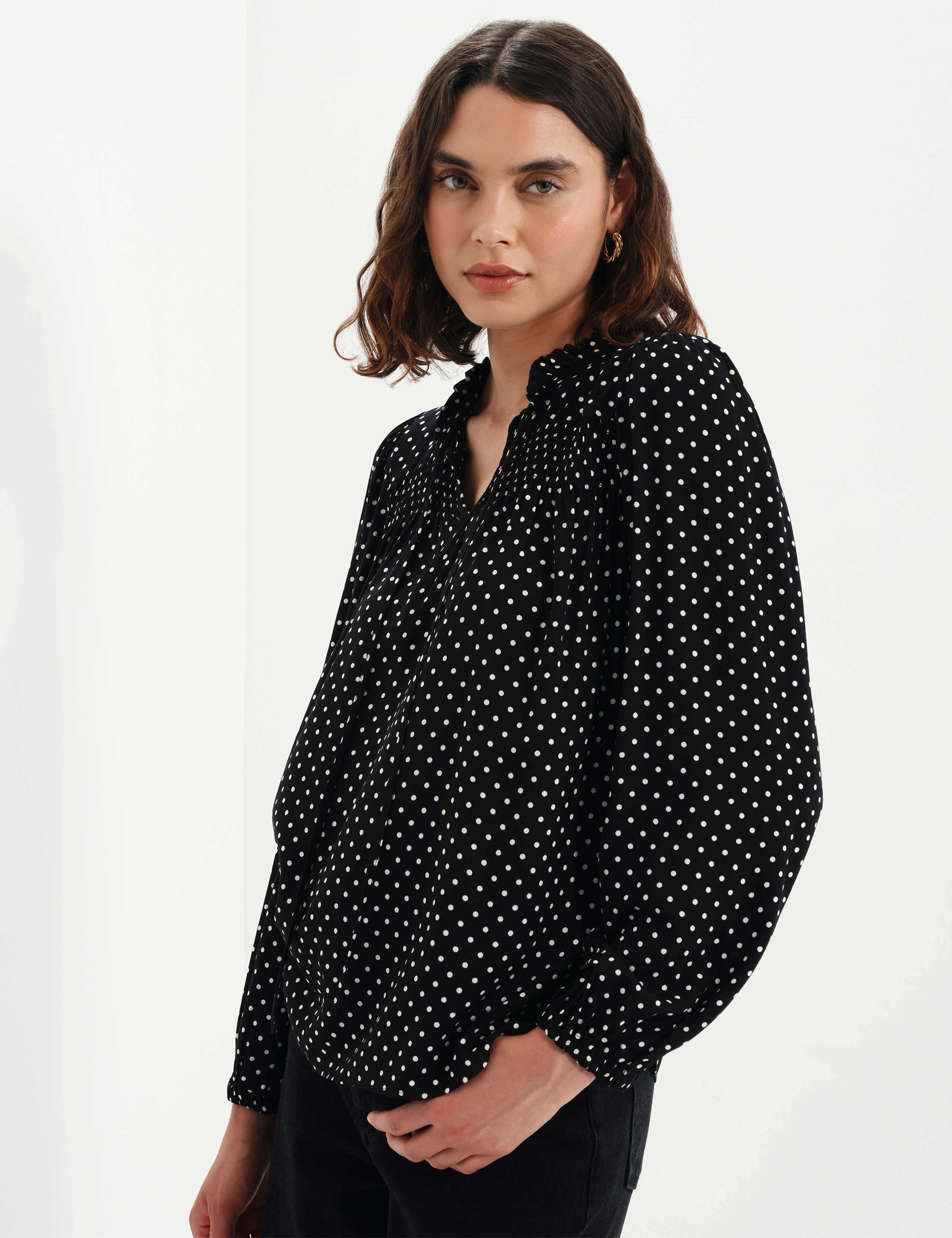 Polka Dot Shirred Tie Neck Blouse 2 of 7