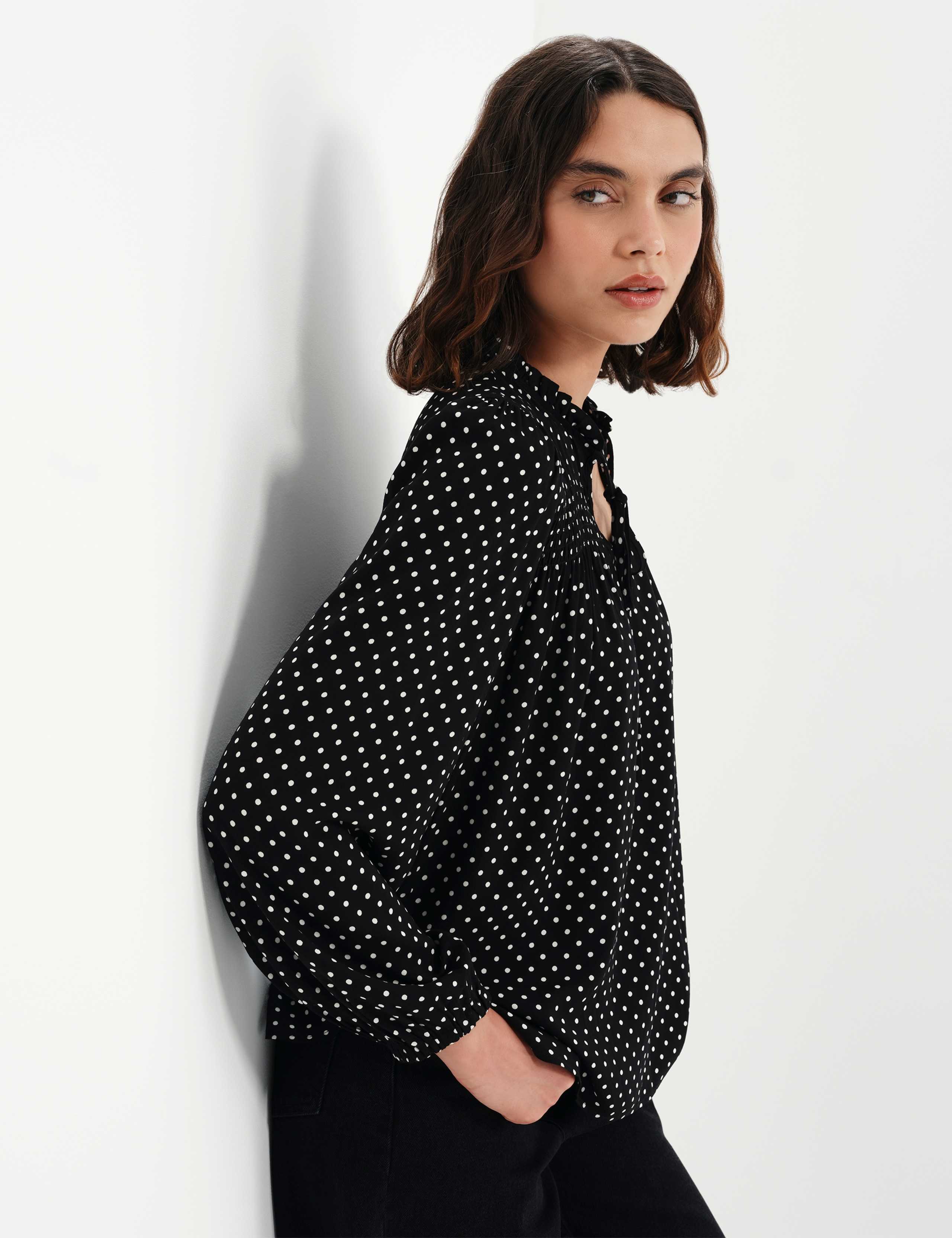 Polka Dot Shirred Tie Neck Blouse 3 of 7
