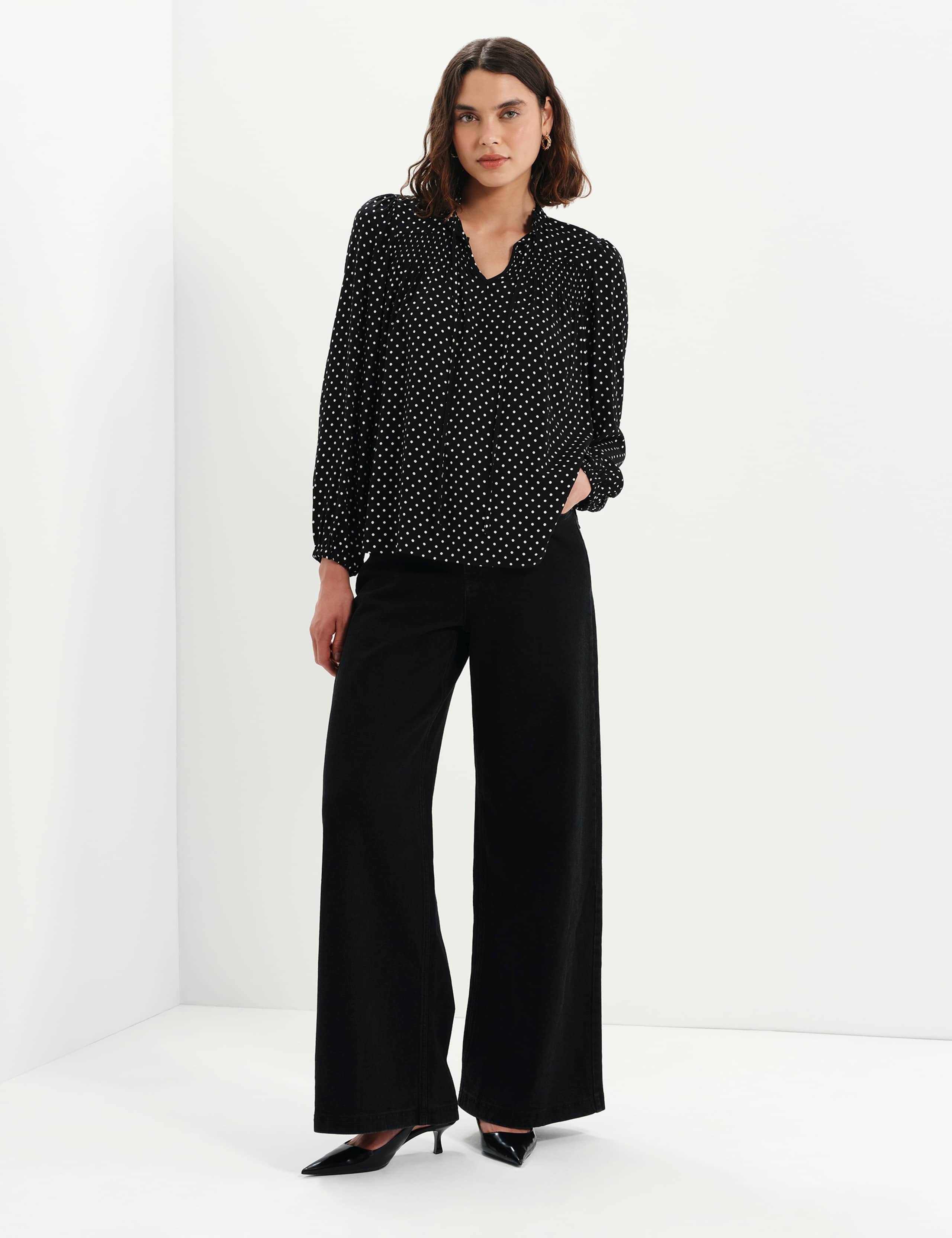 Polka Dot Shirred Tie Neck Blouse 4 of 7