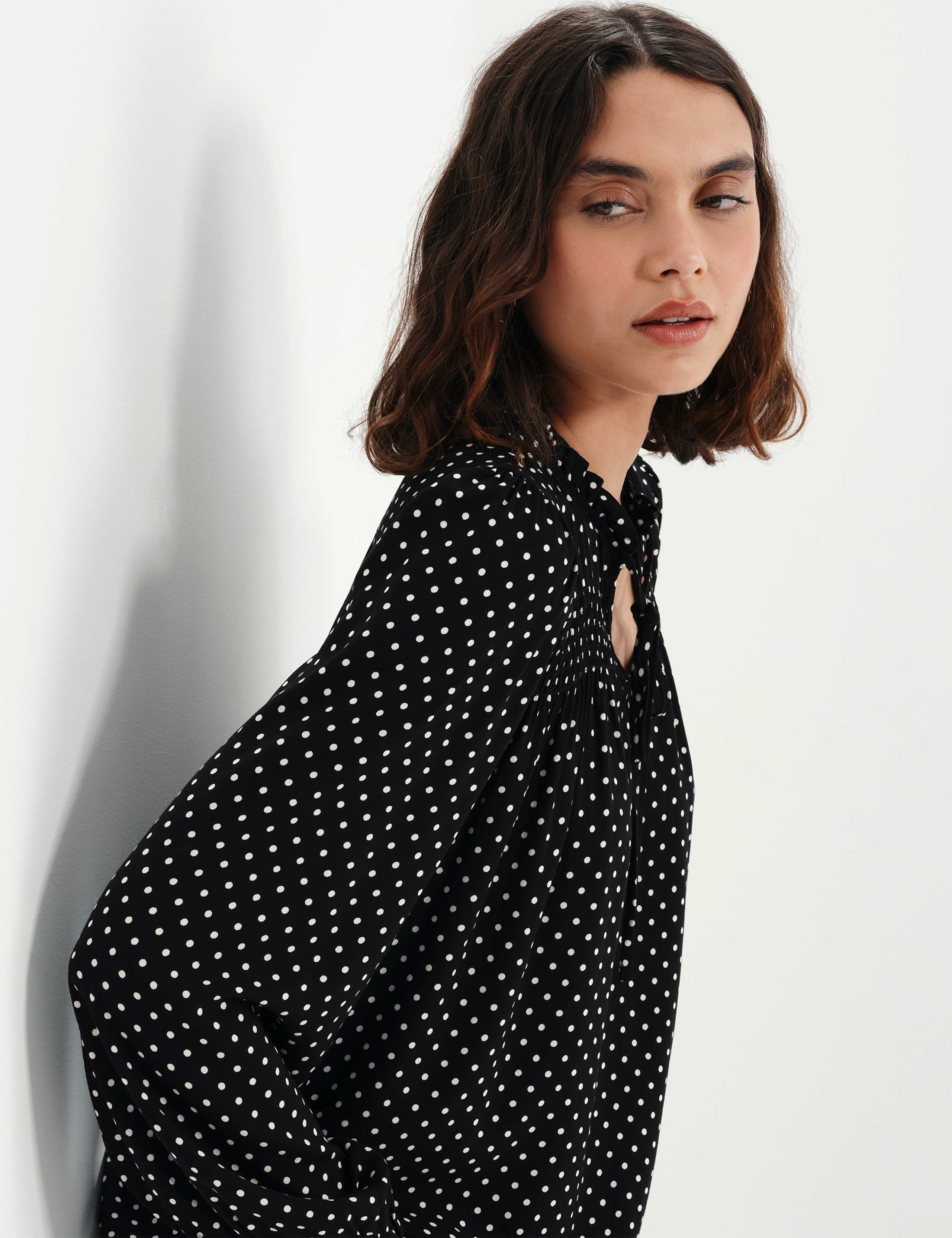 Polka Dot Shirred Tie Neck Blouse 5 of 7
