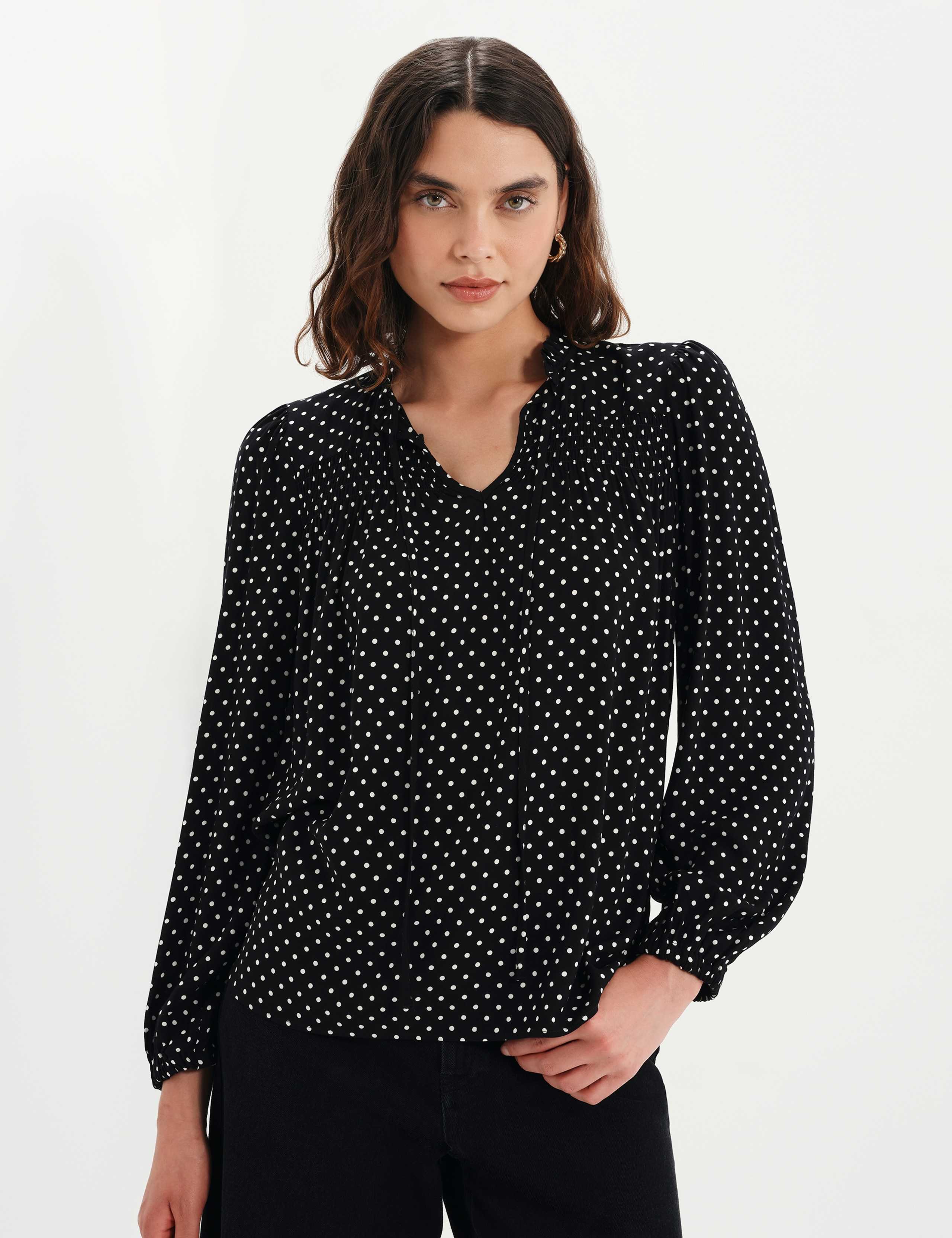 Polka Dot Shirred Tie Neck Blouse 6 of 7
