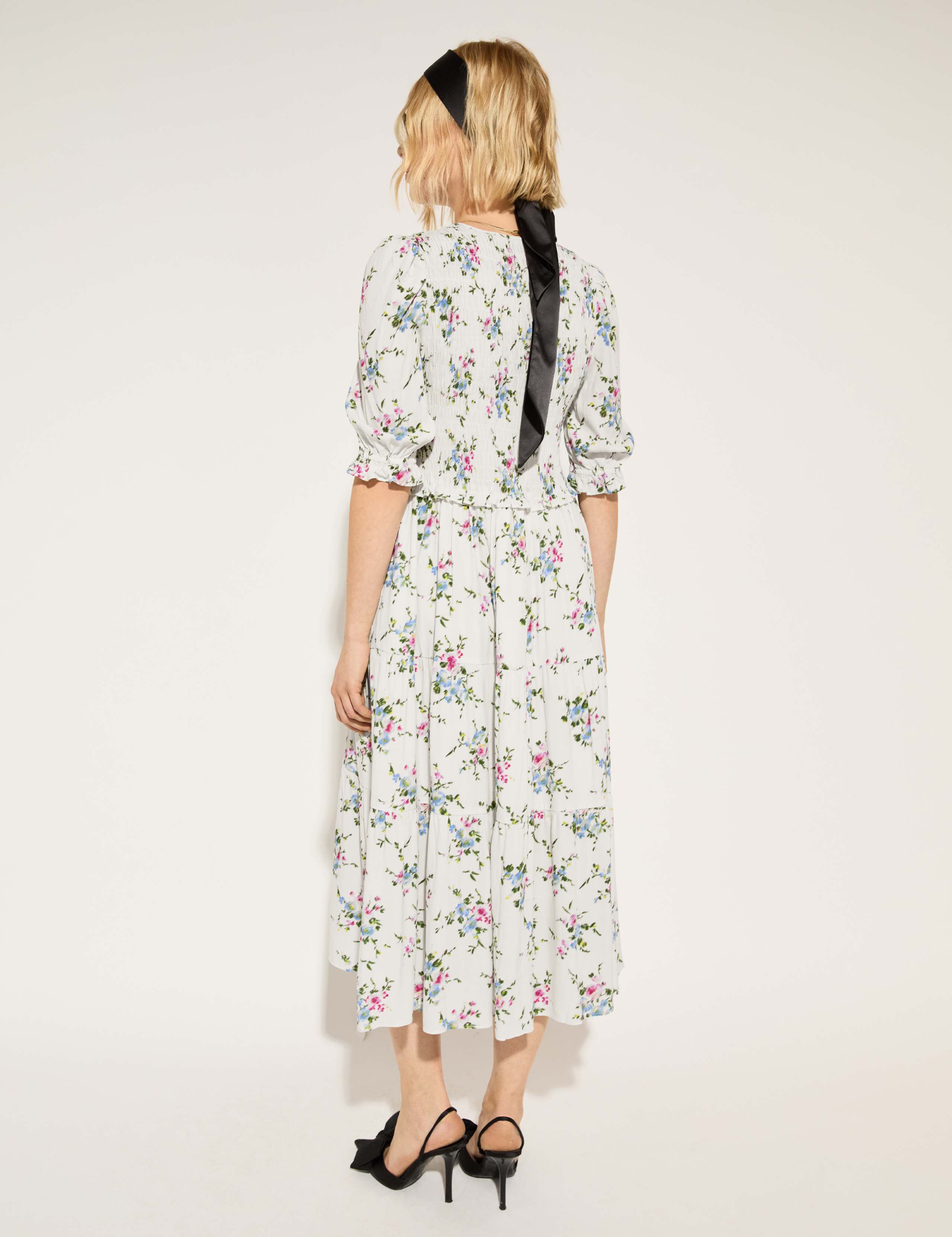 Floral Shirred Midi Smock Dress Bridal 4 of 6