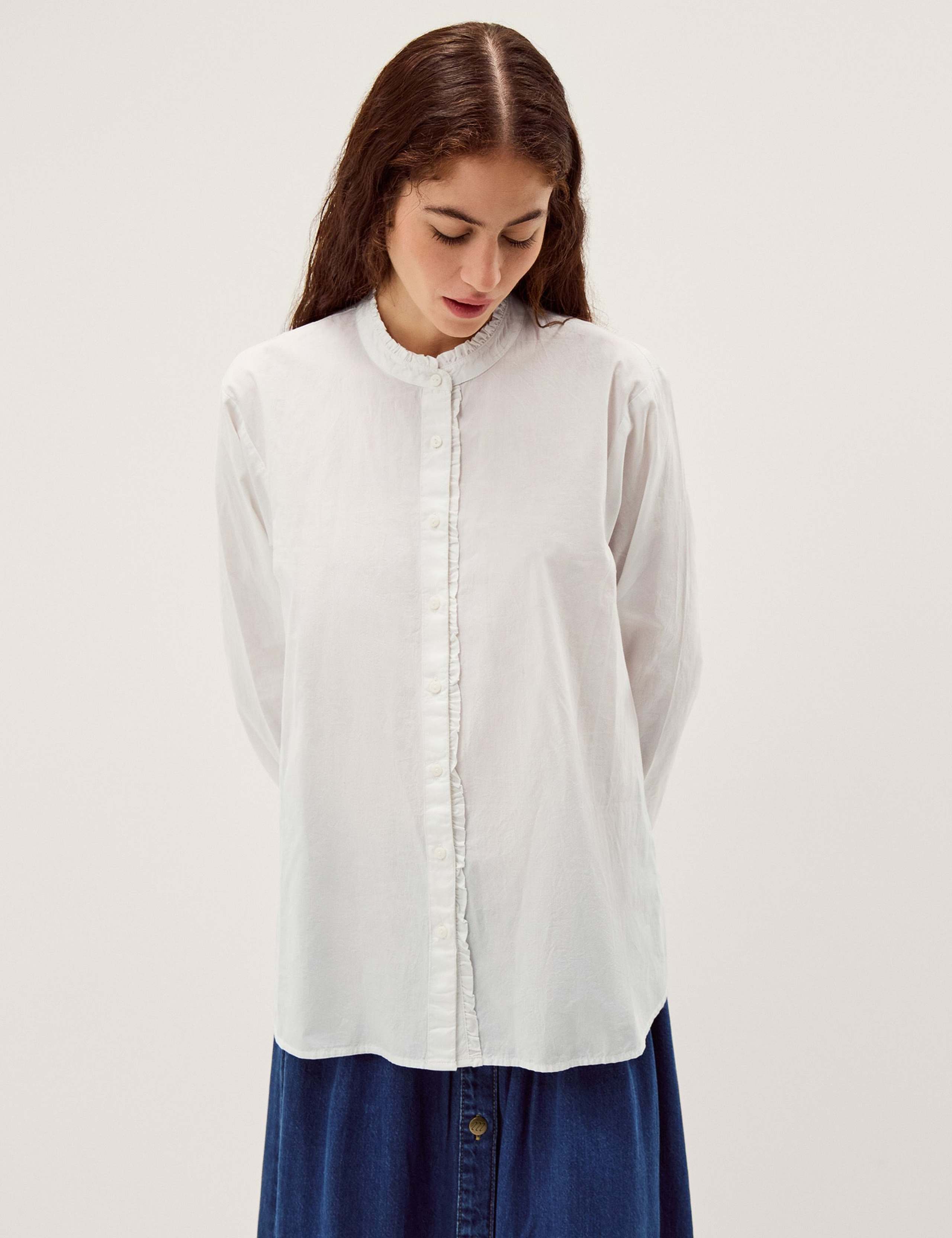 Pure Cotton Frill Neck Button Through Shirt 1 of 5