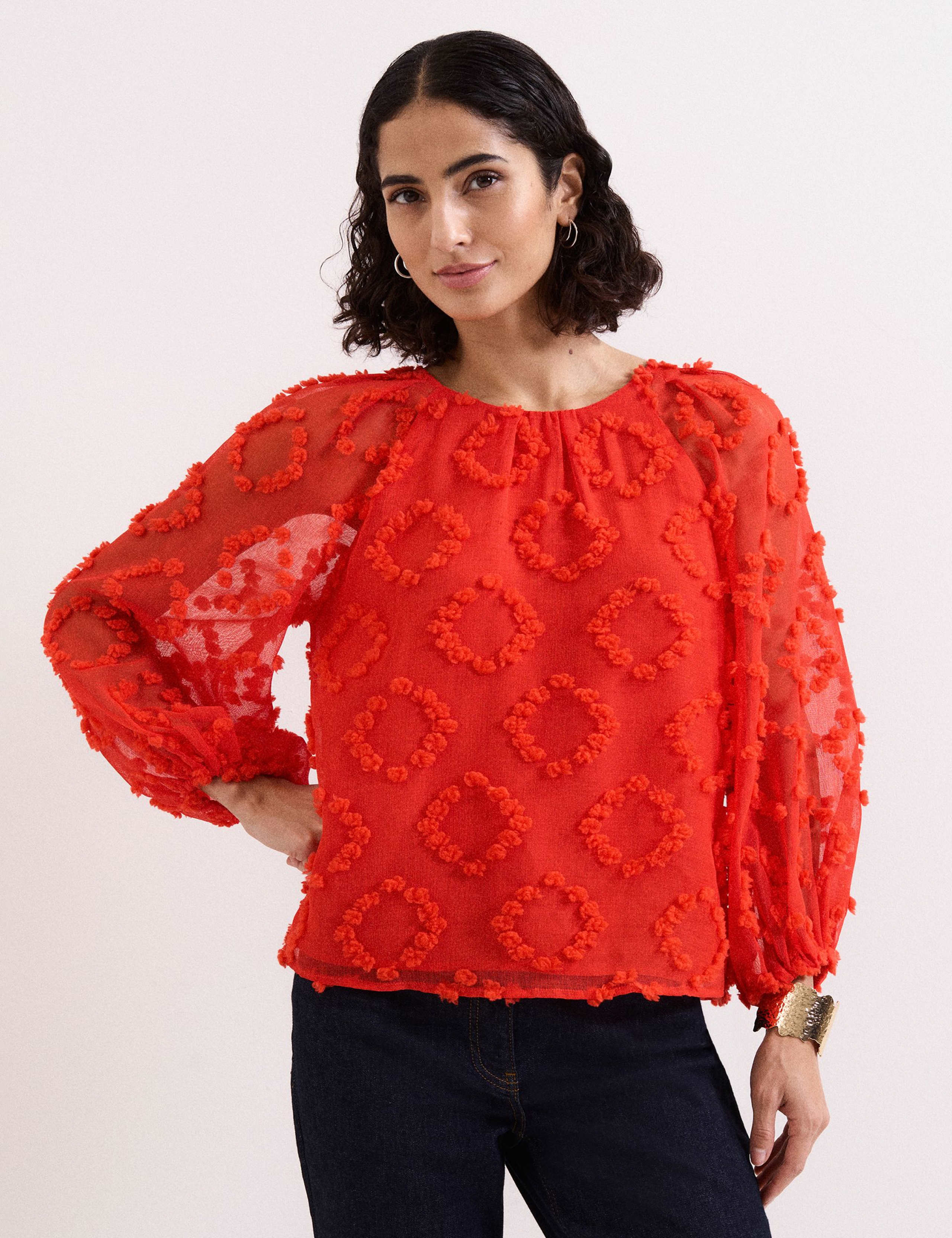 Crepe Floral Textured Round Neck Blouse 1 of 6