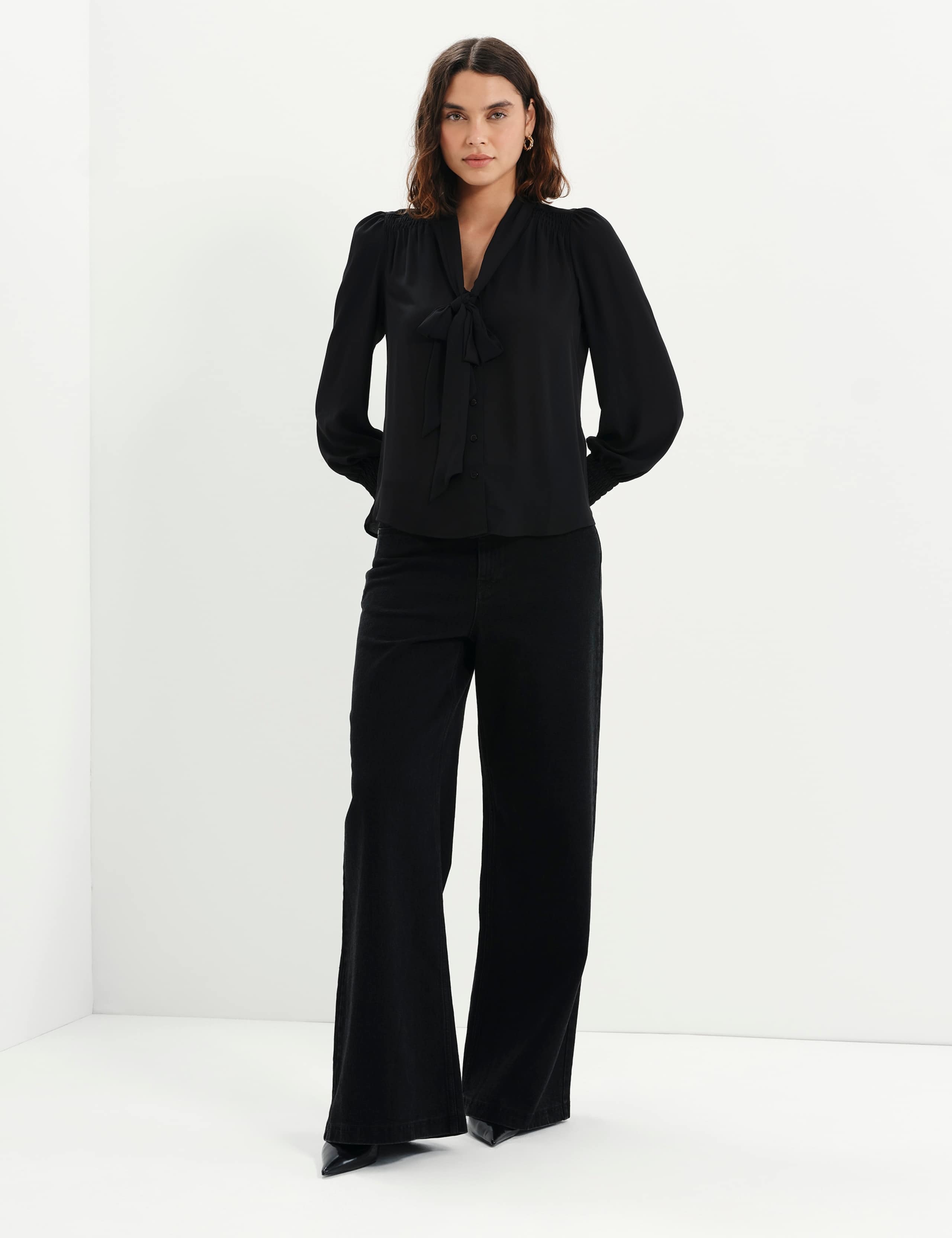 Tie Neck Button Through Blouson Sleeve Blouse 2 of 8