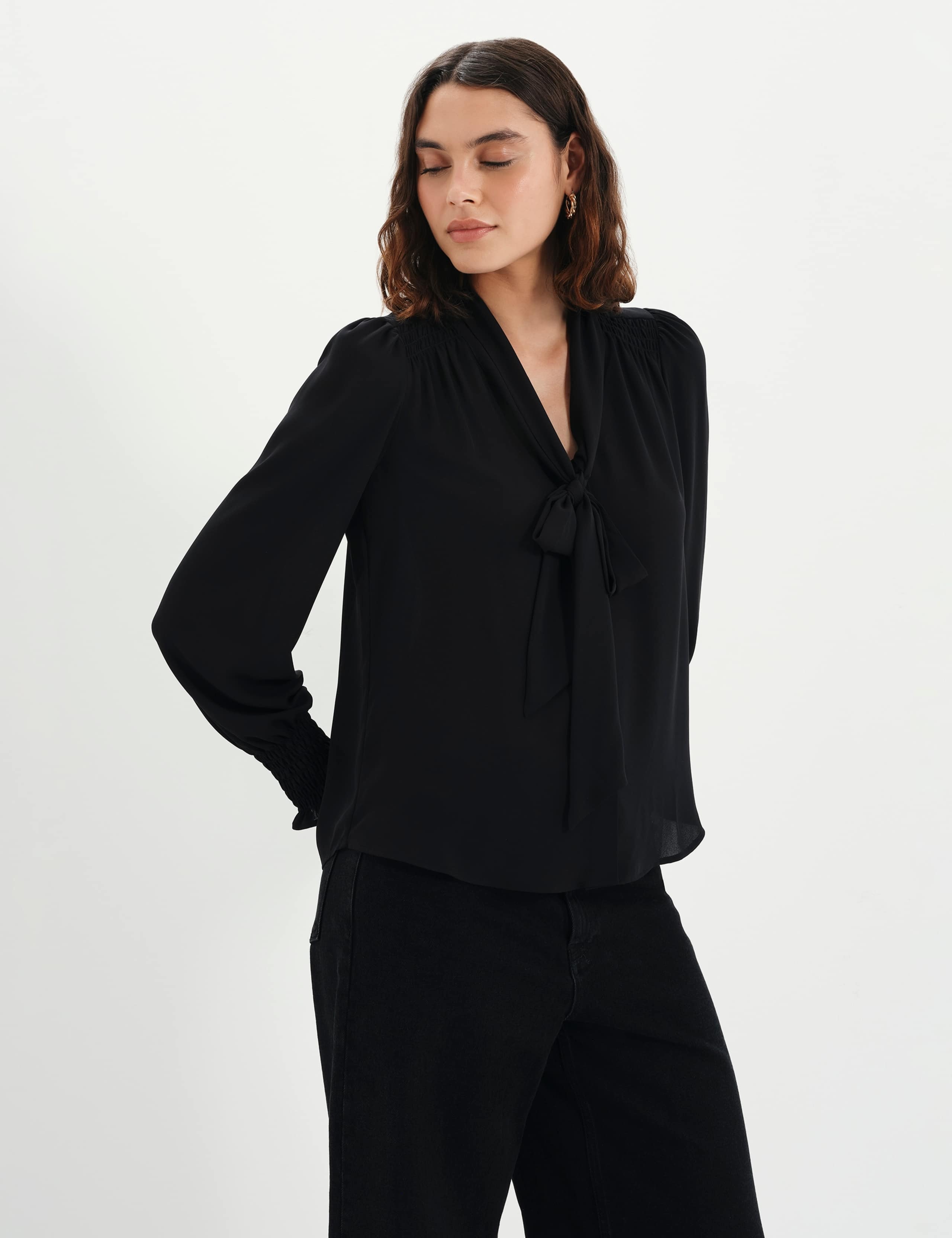 Tie Neck Button Through Blouson Sleeve Blouse 3 of 8