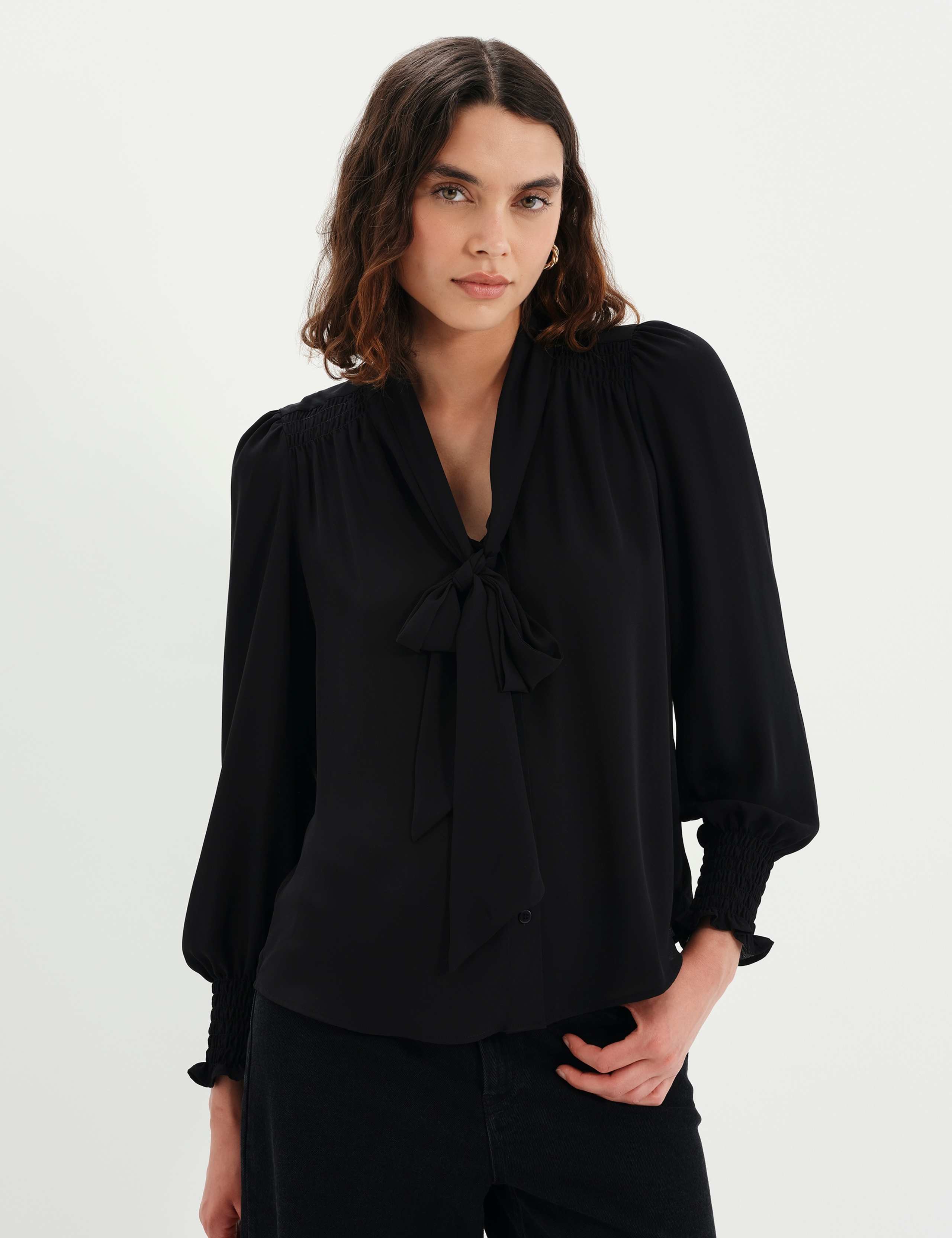 Tie Neck Button Through Blouson Sleeve Blouse 6 of 8