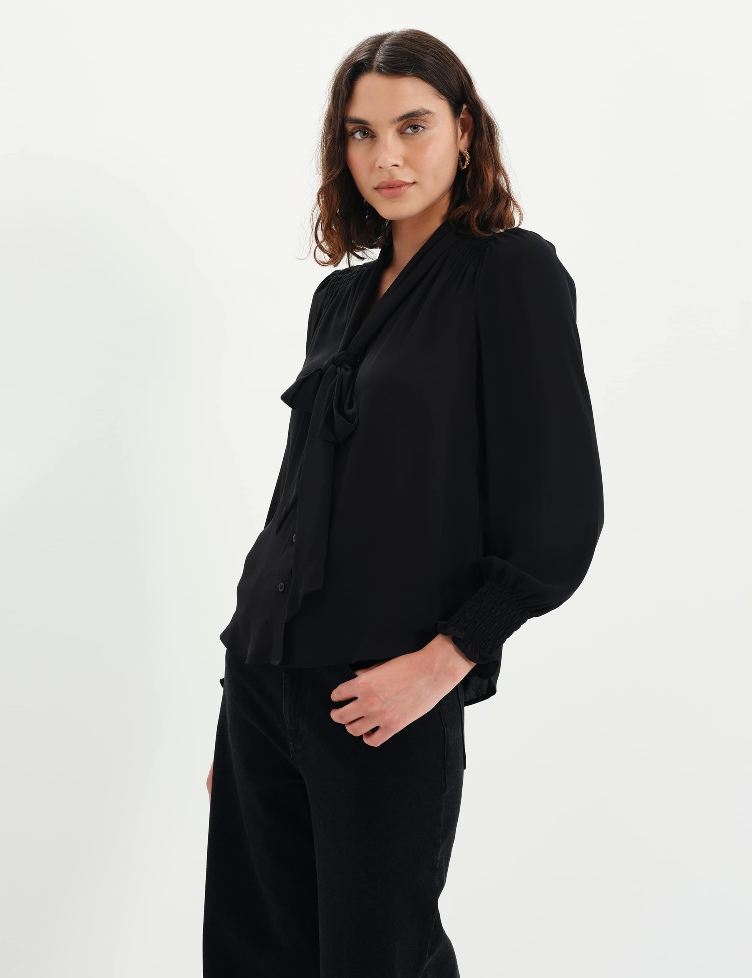 Tie Neck Button Through Blouson Sleeve Blouse 7 of 8