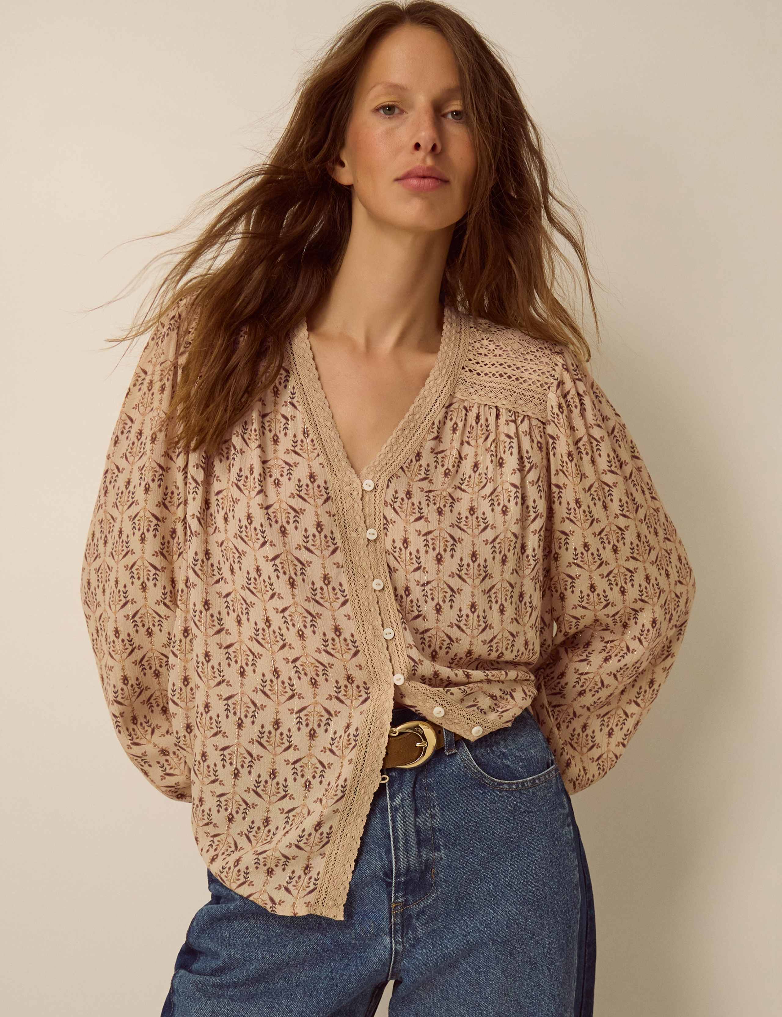 Printed Button Front V Neck Shirt 1 of 5
