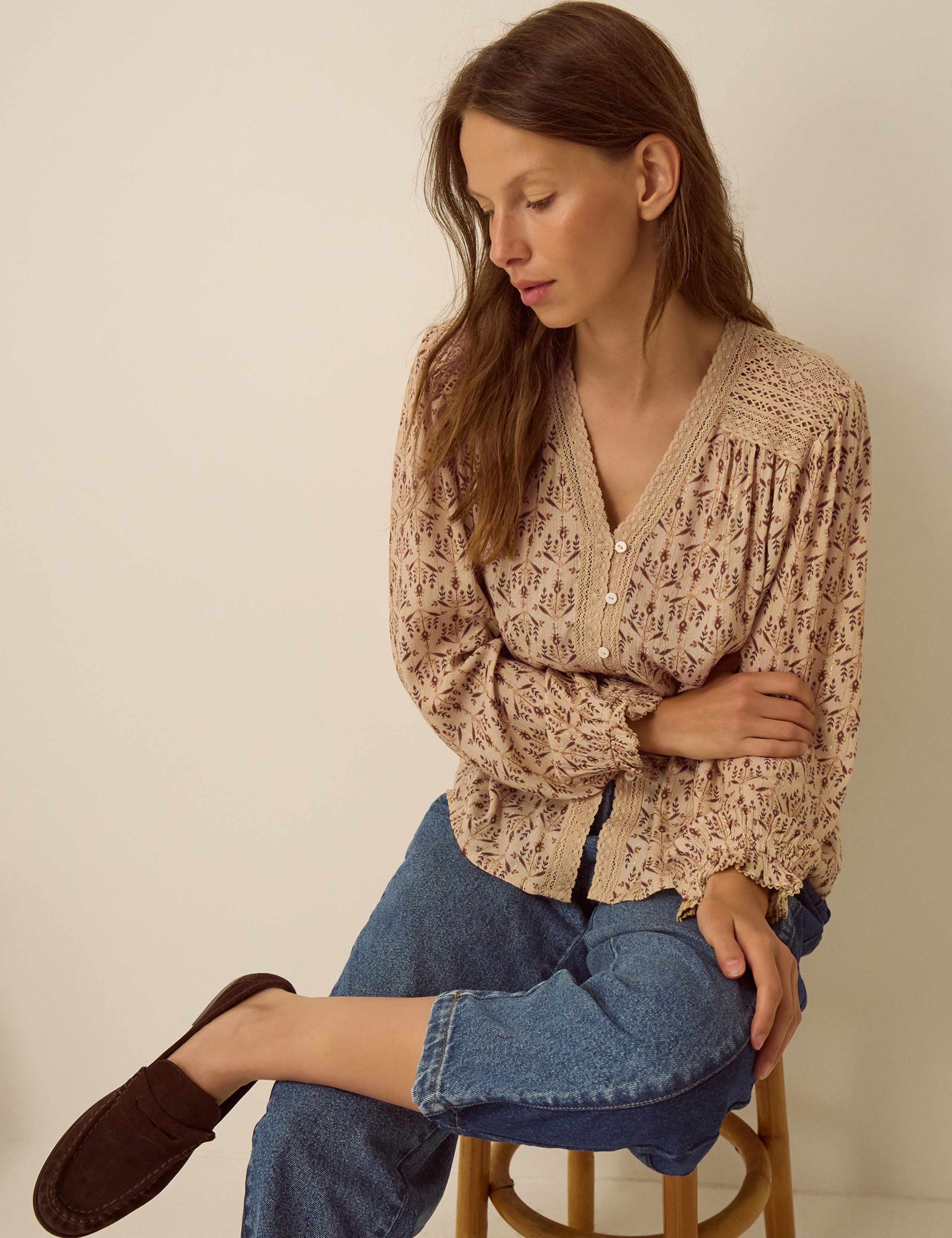 Printed Button Front V Neck Shirt 4 of 5