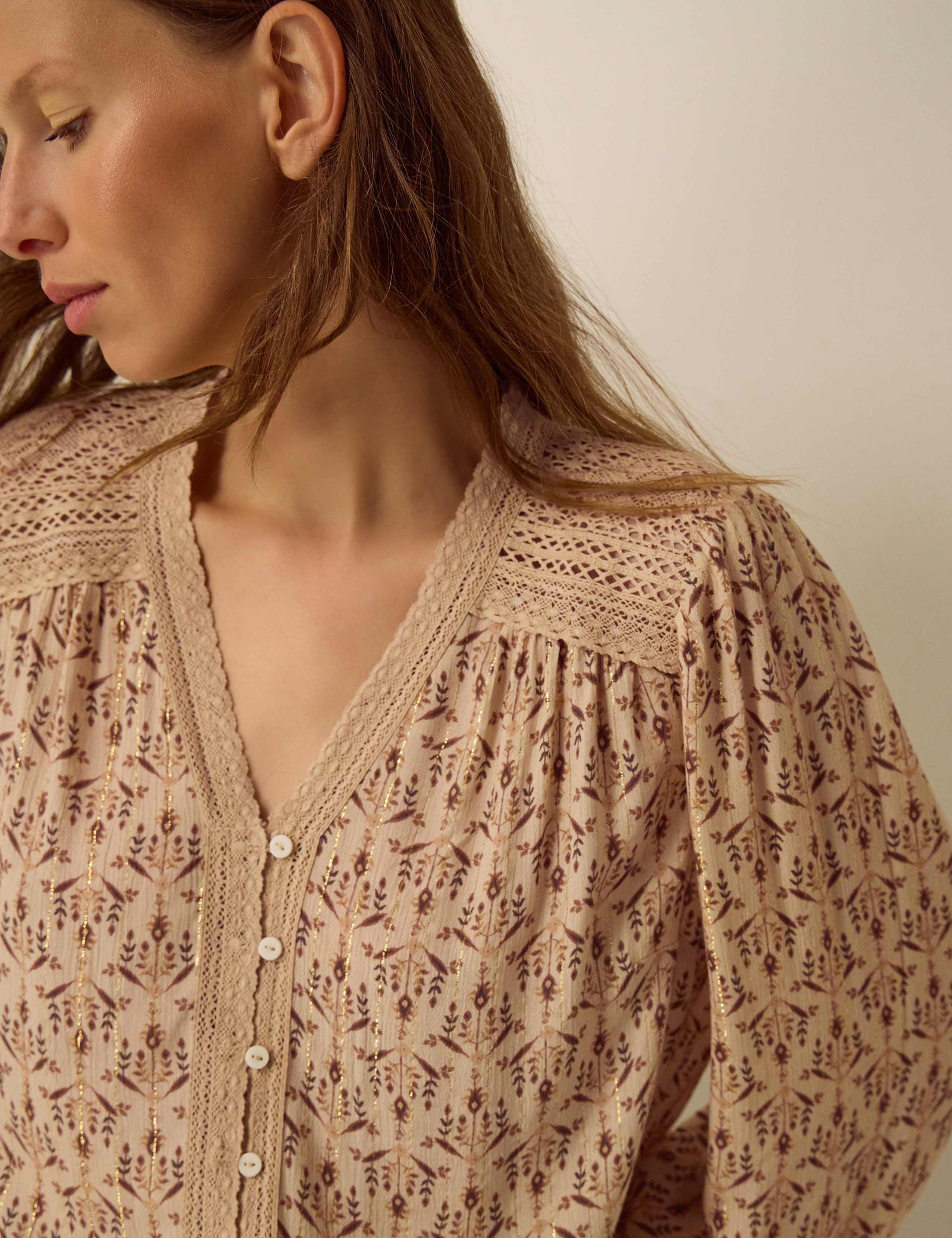 Printed Button Front V Neck Shirt 5 of 5