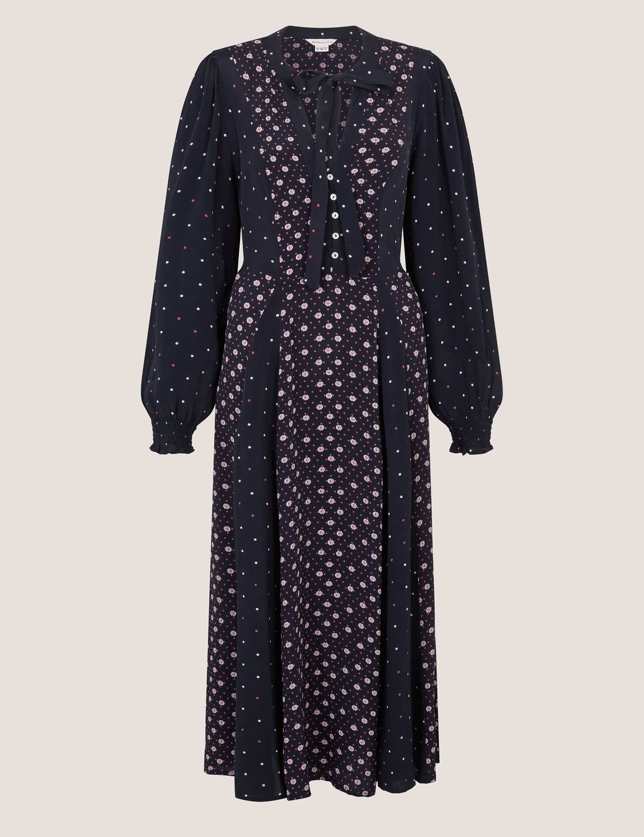 Floral Tie Neck Midi Tea Dress 2 of 5