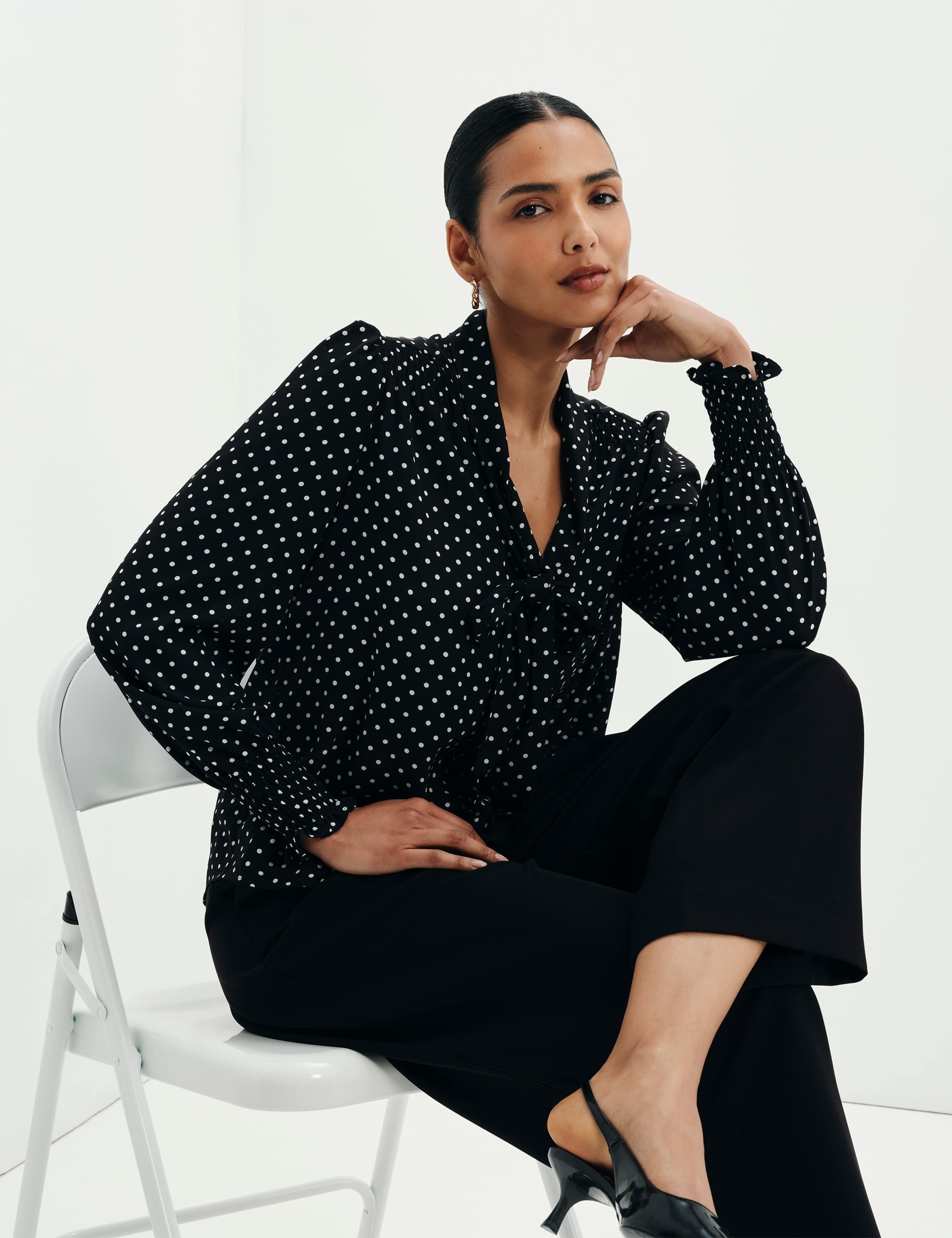 Polka Dot Tie Neck Button Through Blouse 12 of 12