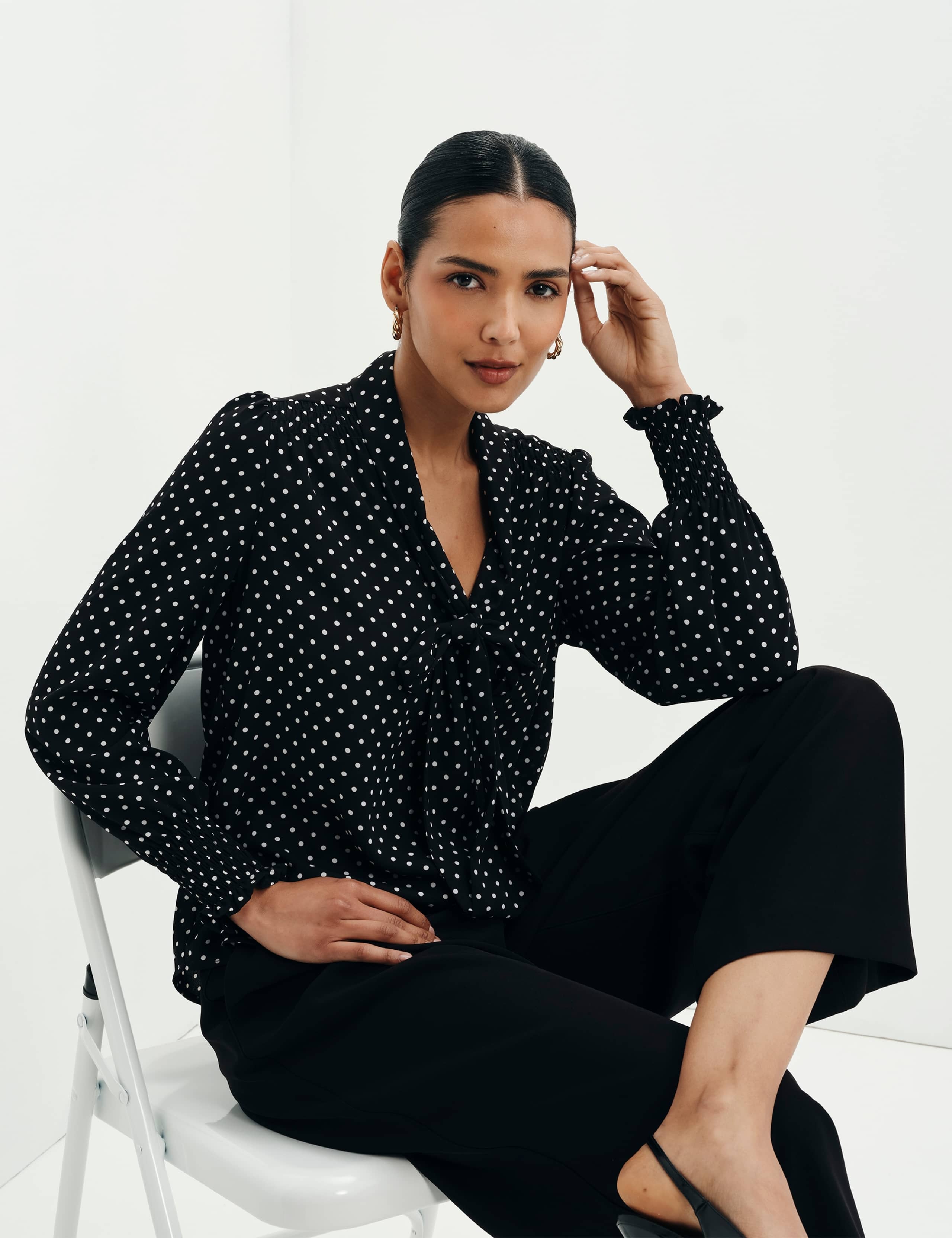 Polka Dot Tie Neck Button Through Blouse 3 of 12