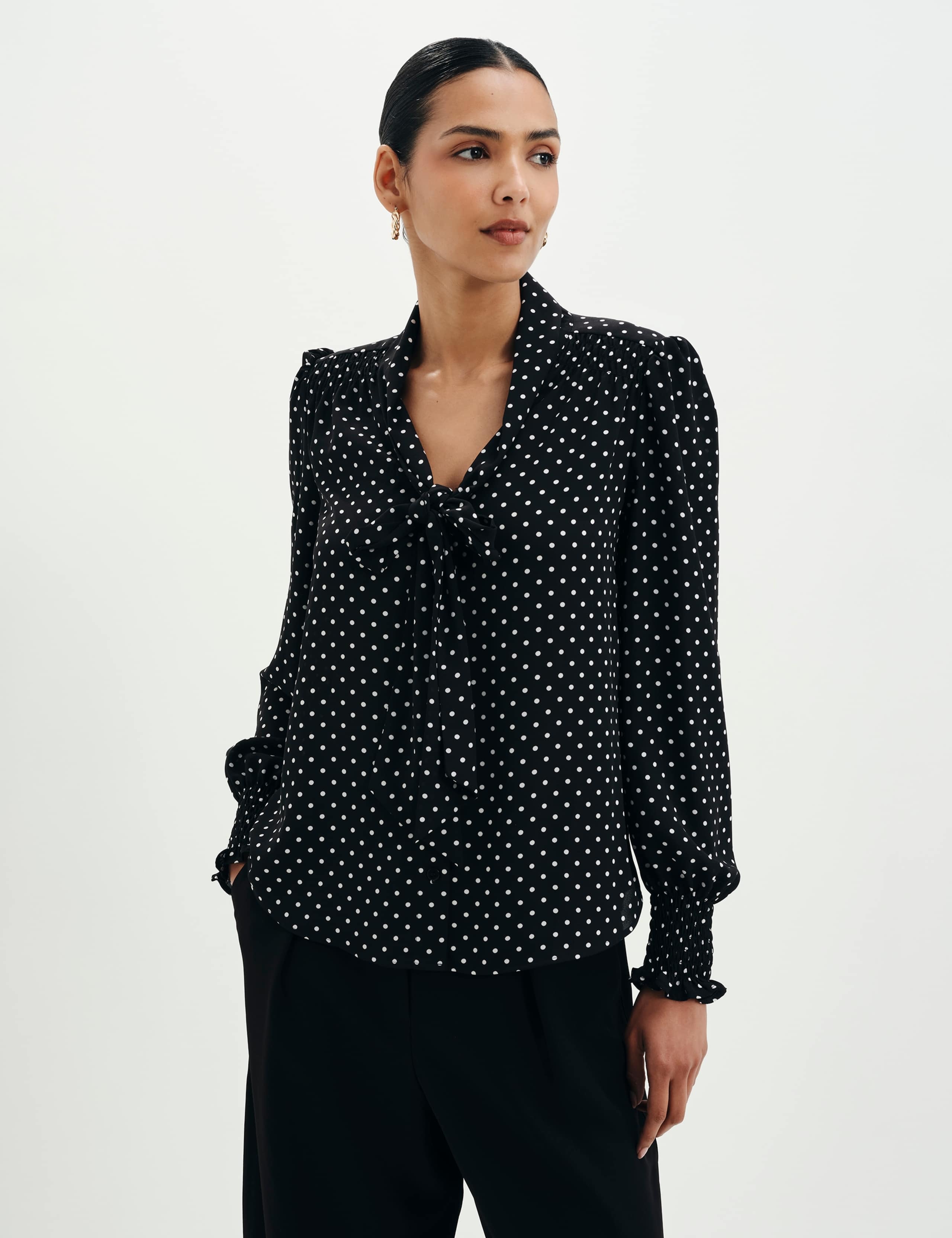 Polka Dot Tie Neck Button Through Blouse 7 of 12
