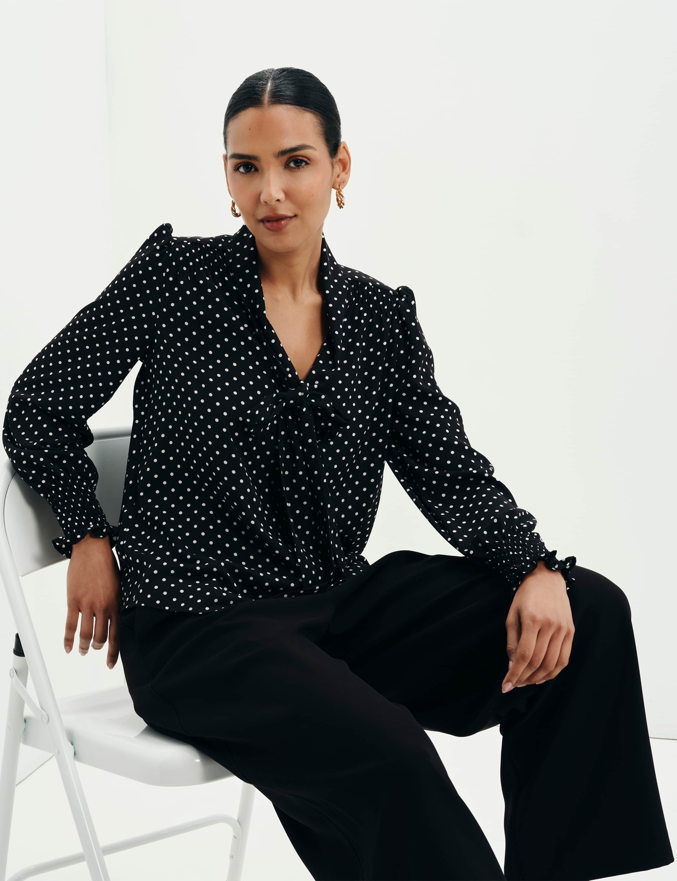 Polka Dot Tie Neck Button Through Blouse 9 of 12