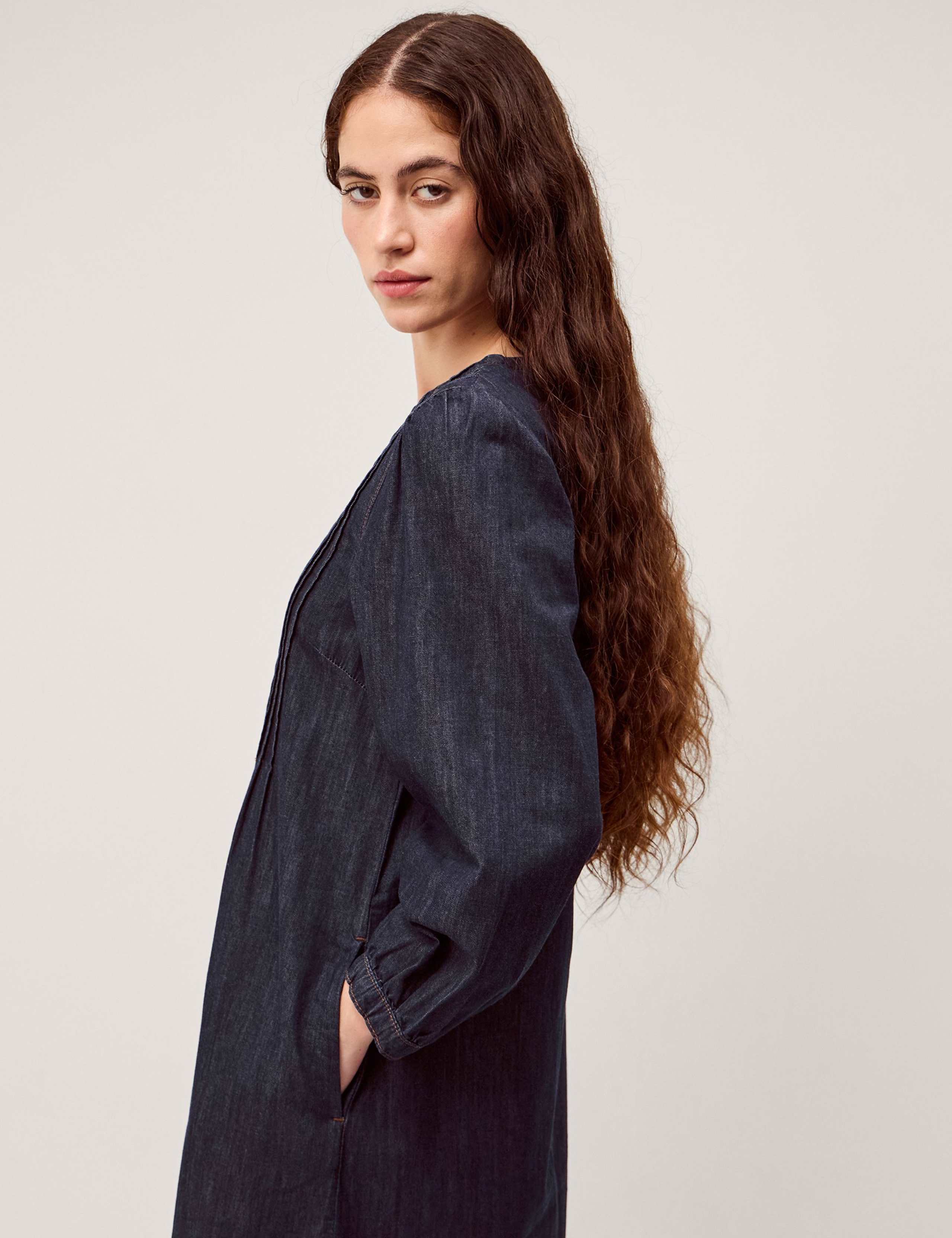 Pure Cotton Denim Pintuck Midi Smock Dress 3 of 5