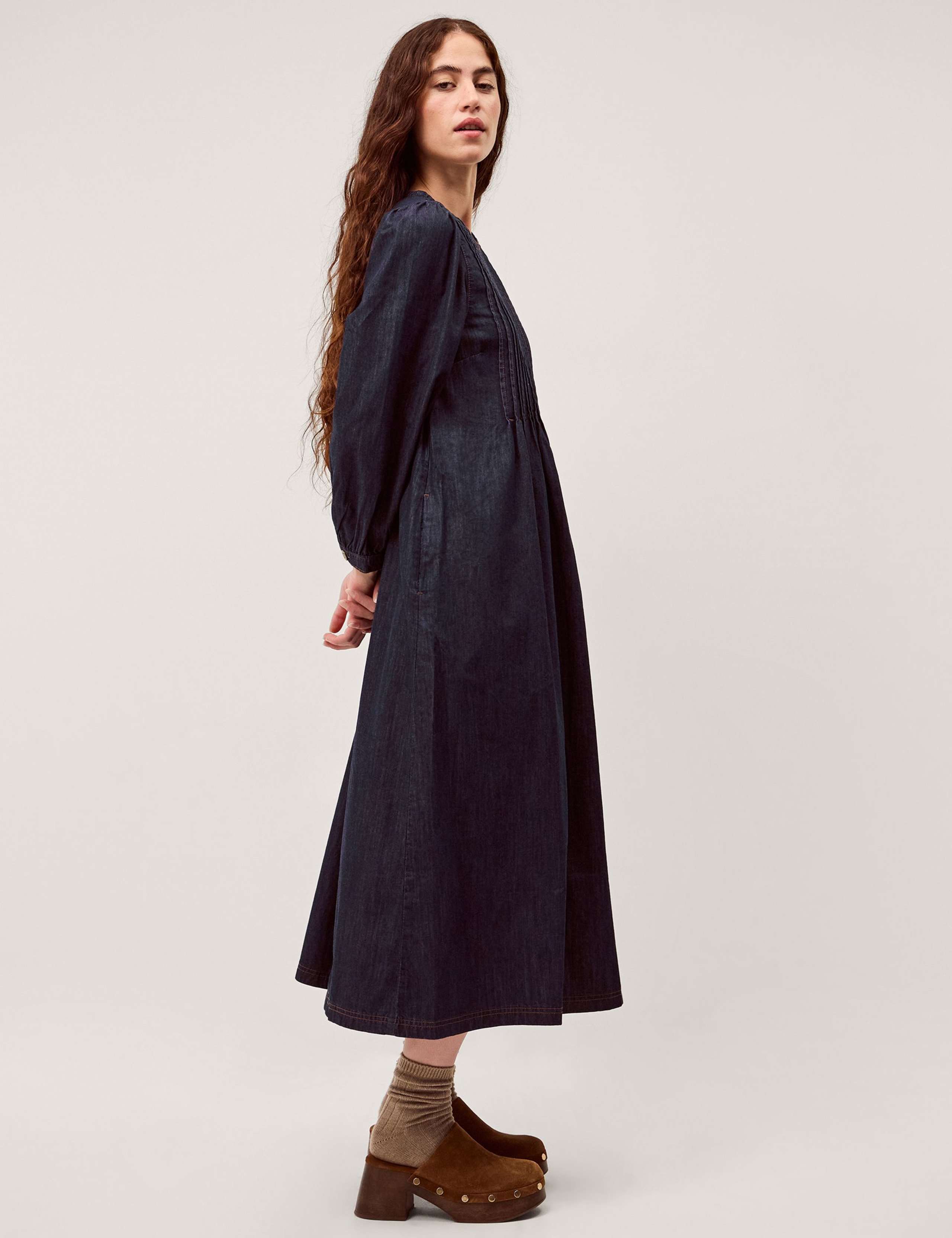 Pure Cotton Denim Pintuck Midi Smock Dress 5 of 5
