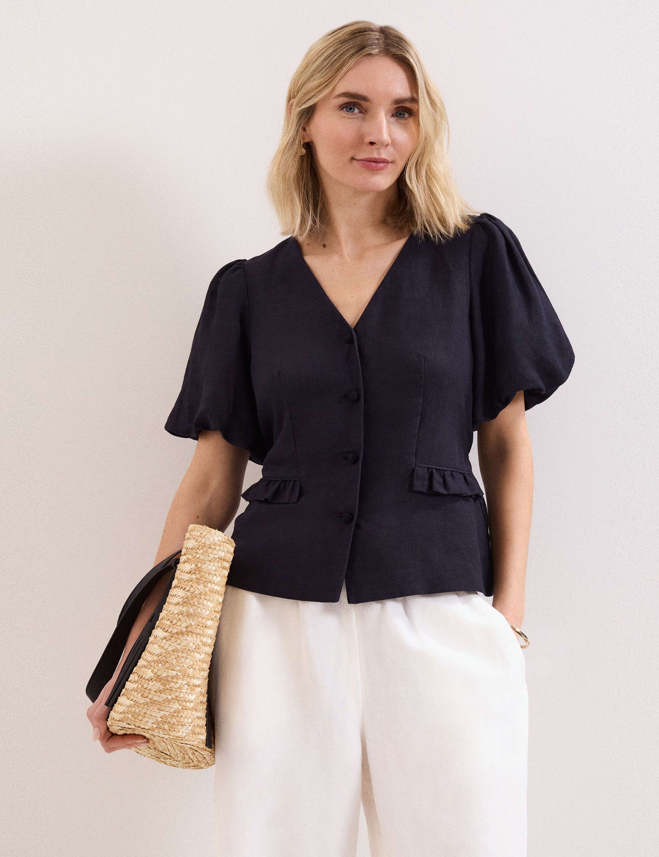 Linen-Rich V-Neck Puff Sleeve Blouse 3 of 7