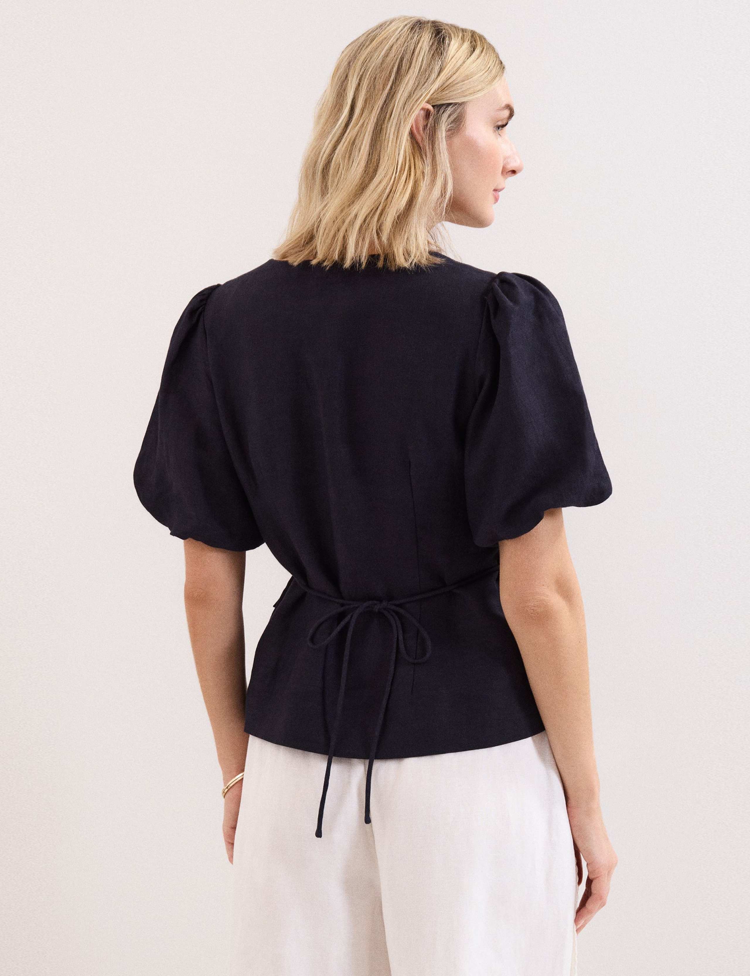 Linen-Rich V-Neck Puff Sleeve Blouse 4 of 7