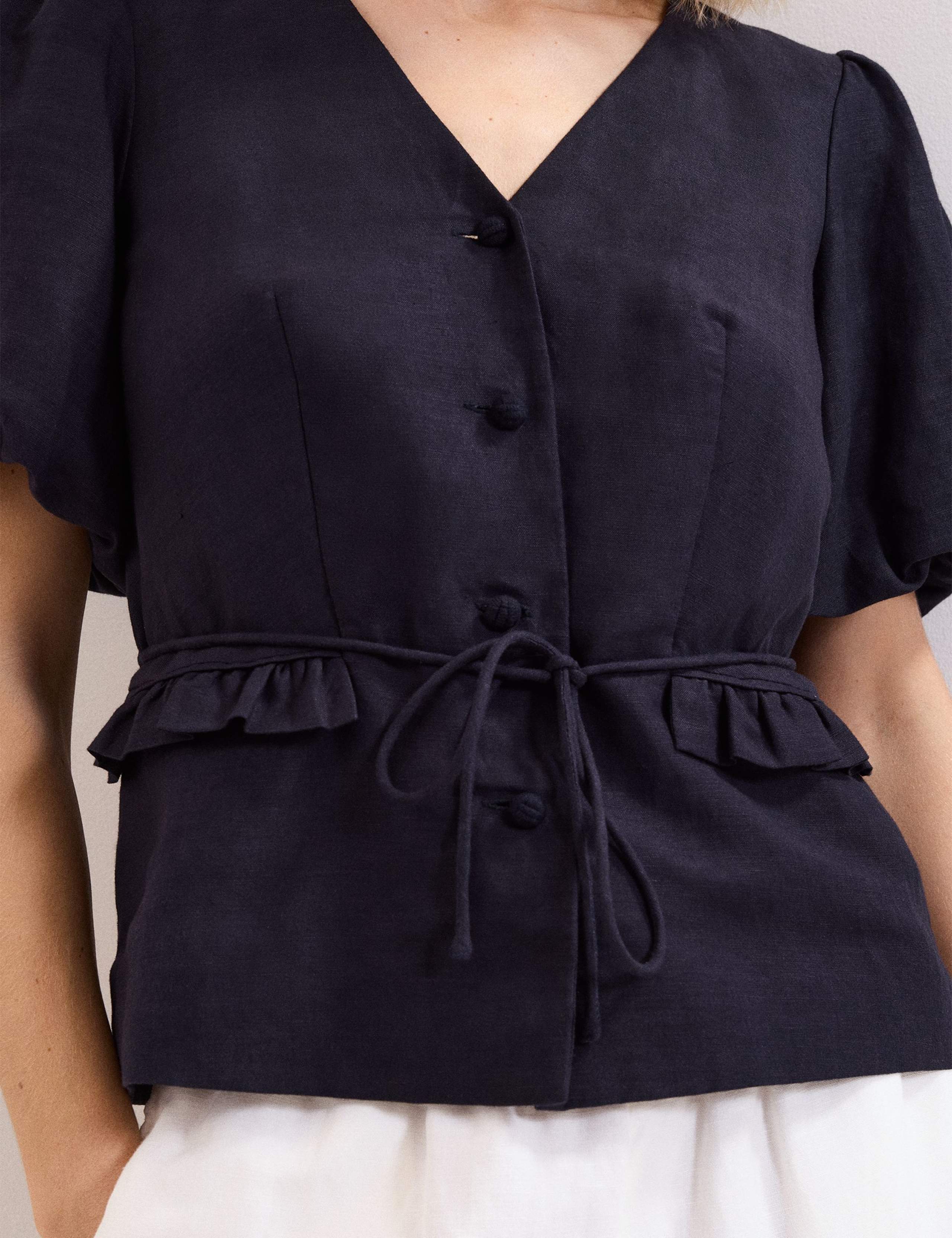 Linen-Rich V-Neck Puff Sleeve Blouse 5 of 7