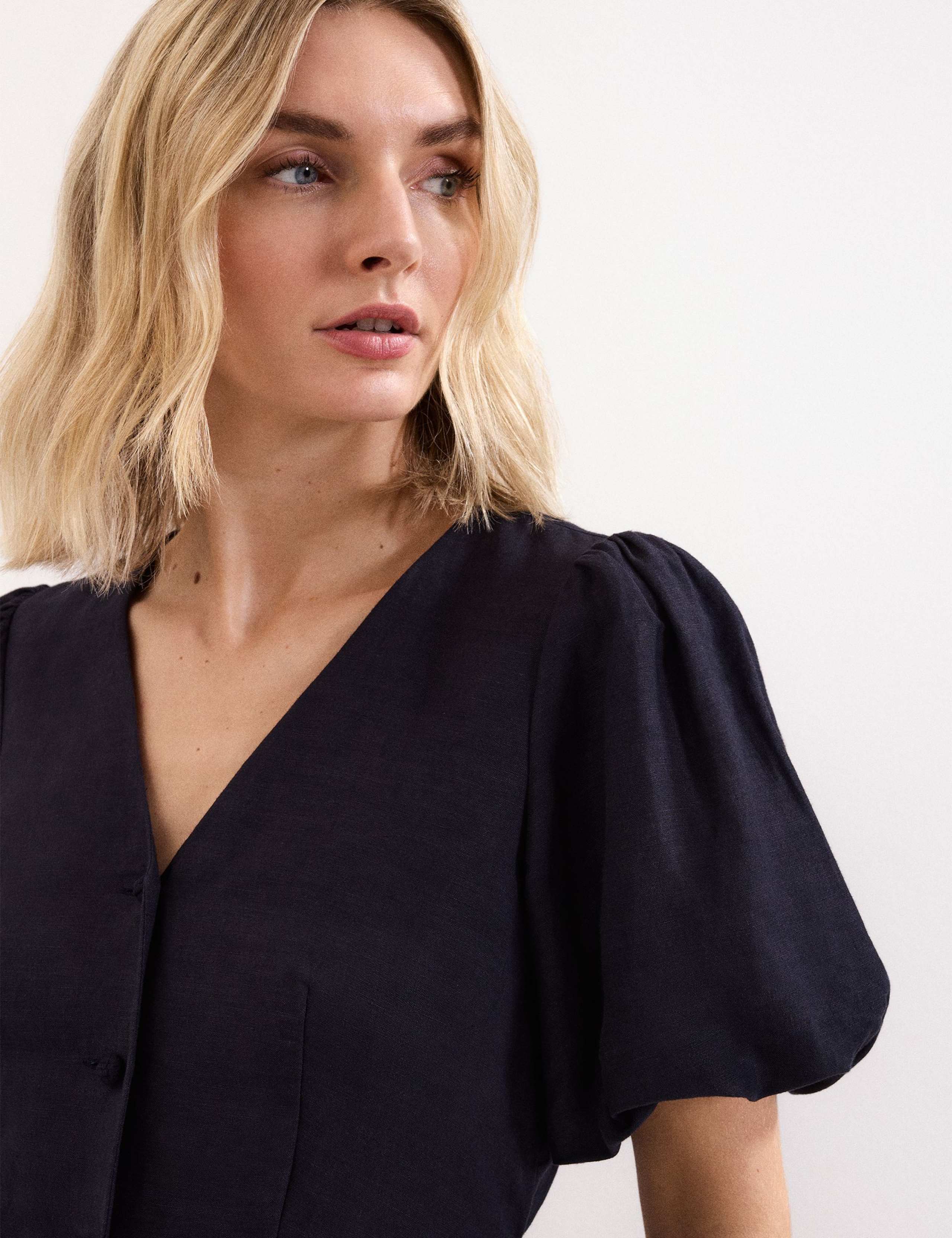 Linen-Rich V-Neck Puff Sleeve Blouse 6 of 7