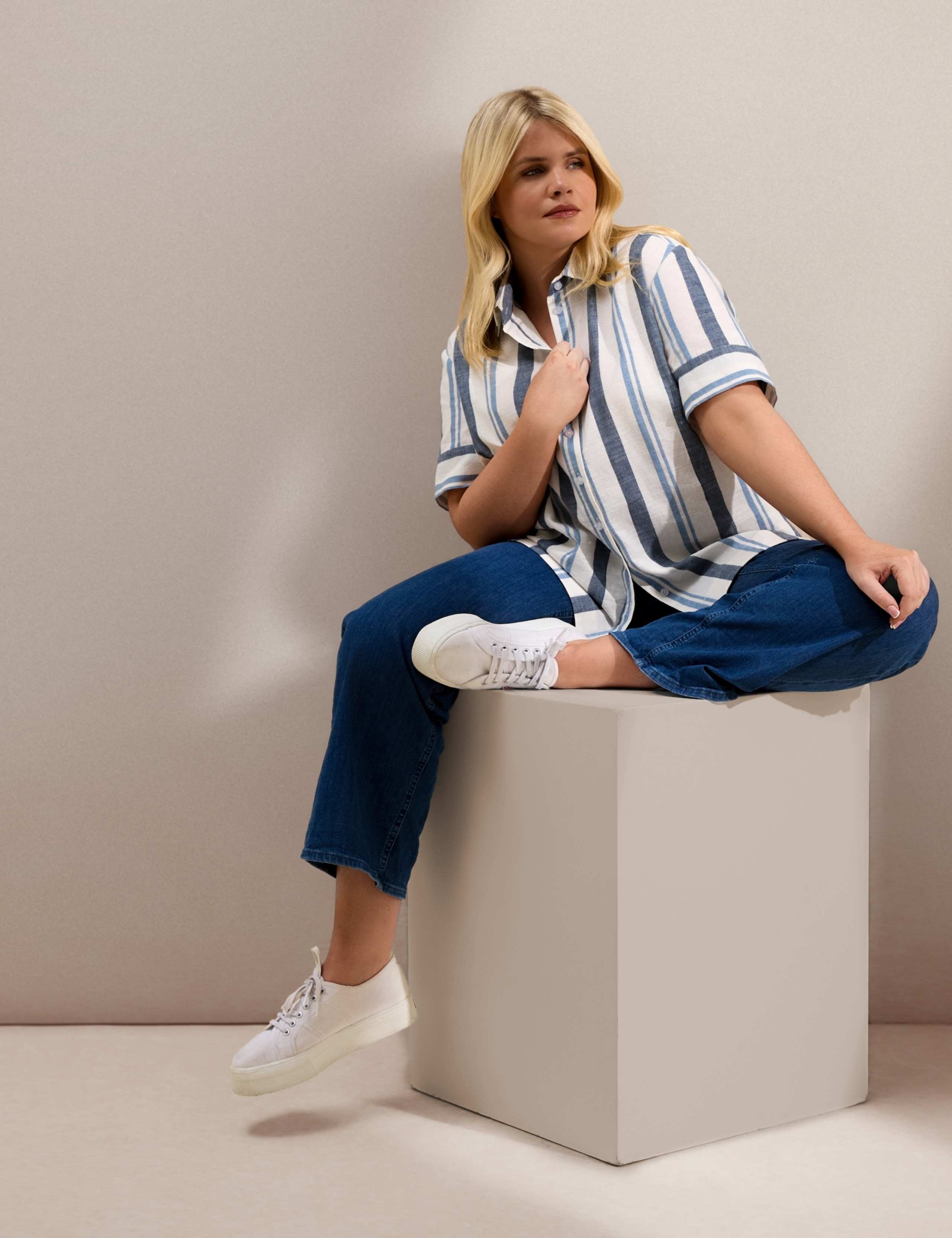 Cotton Rich Striped Collared Shirt with Linen 6 of 7