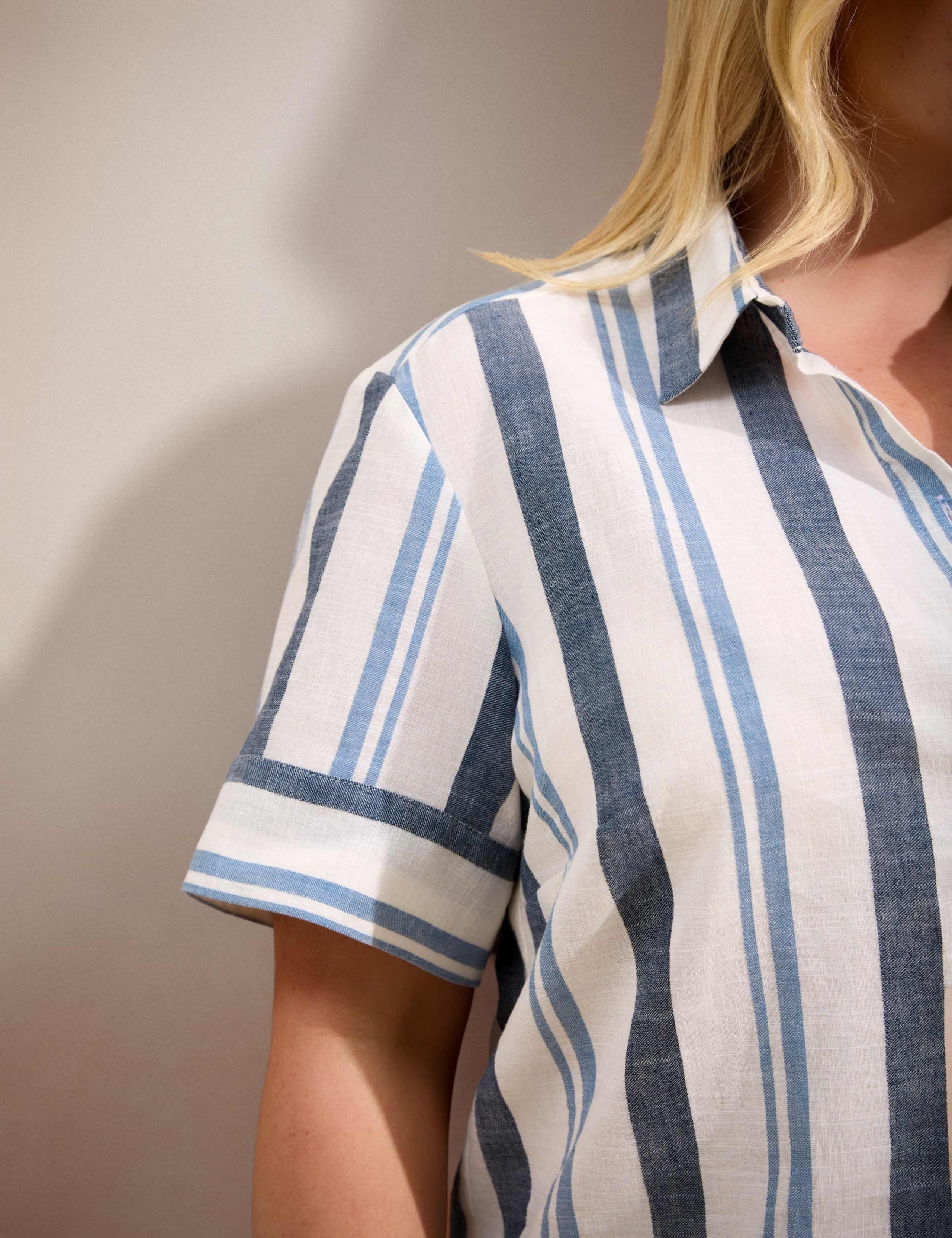 Cotton Rich Striped Collared Shirt with Linen 7 of 7