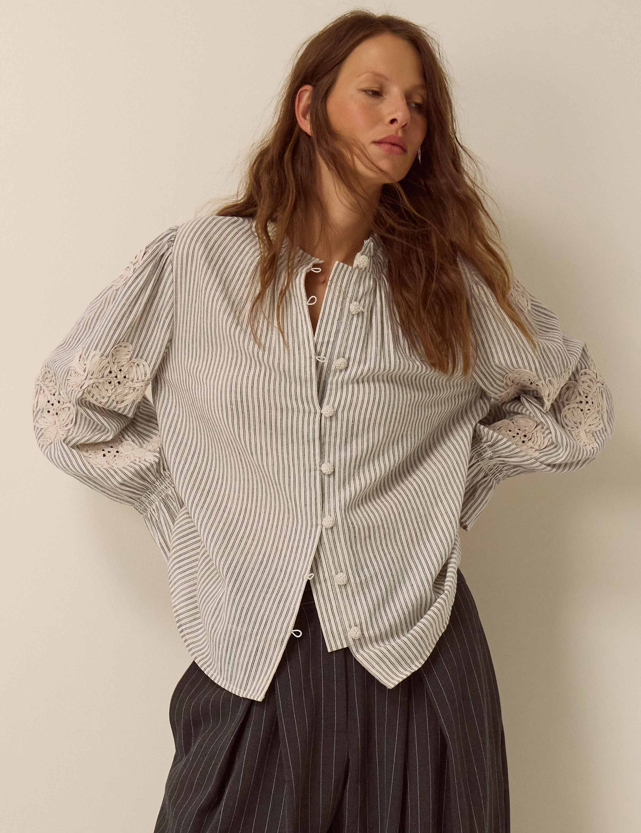 Cotton Rich Striped High Neck Shirt with Linen 1 of 5