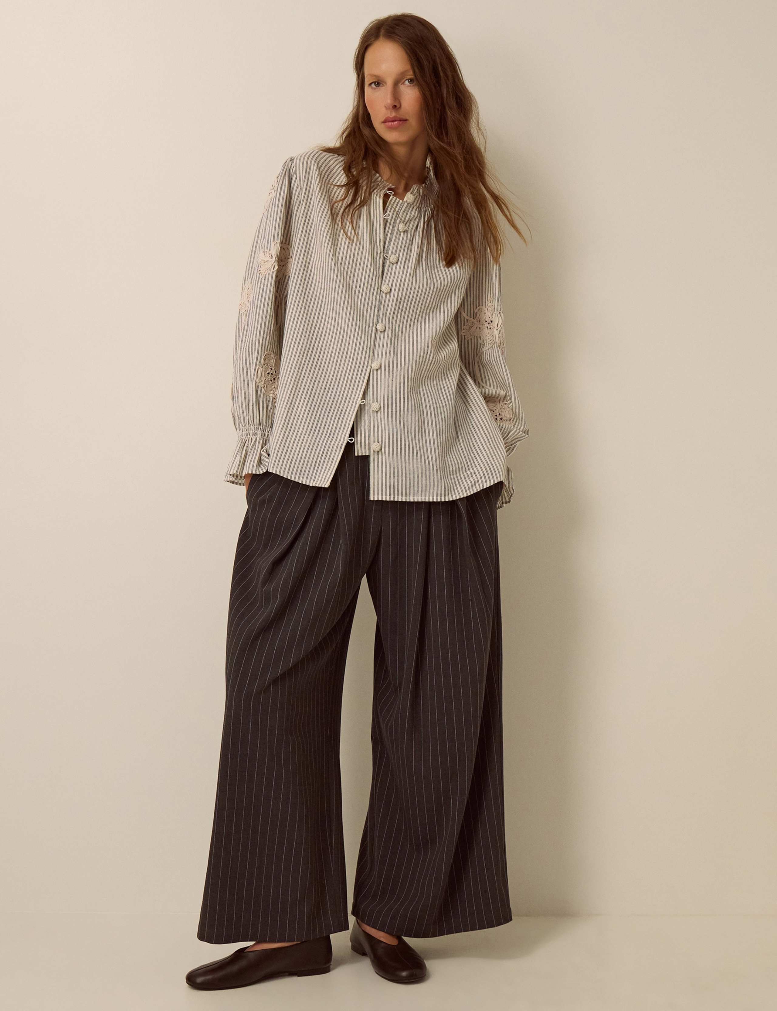 Cotton Rich Striped High Neck Shirt with Linen 2 of 5