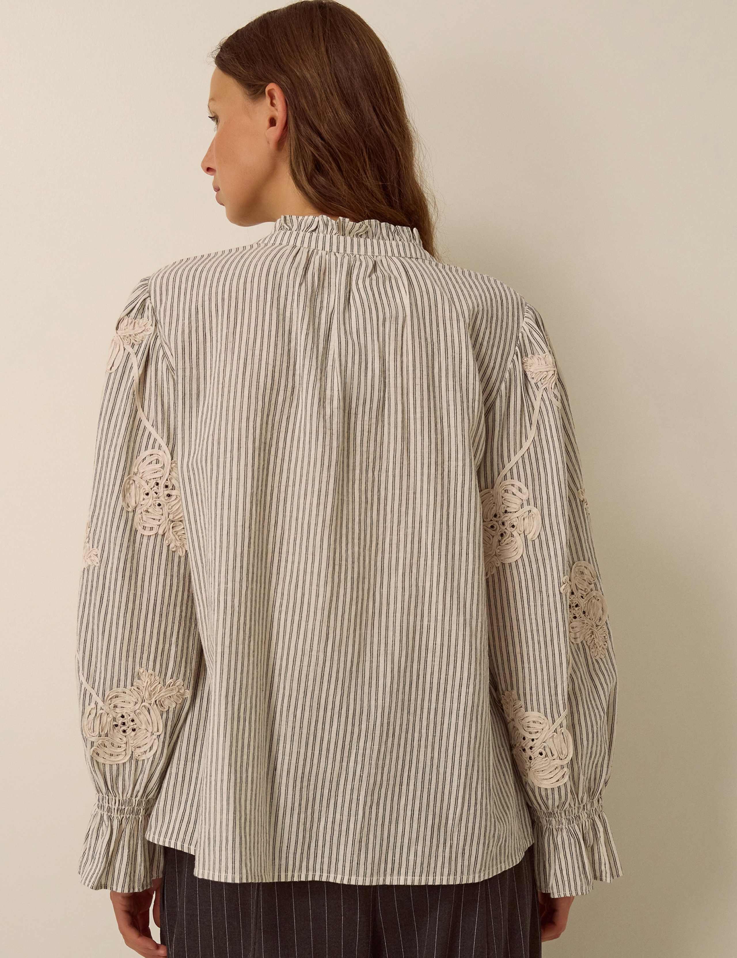 Cotton Rich Striped High Neck Shirt with Linen 3 of 5