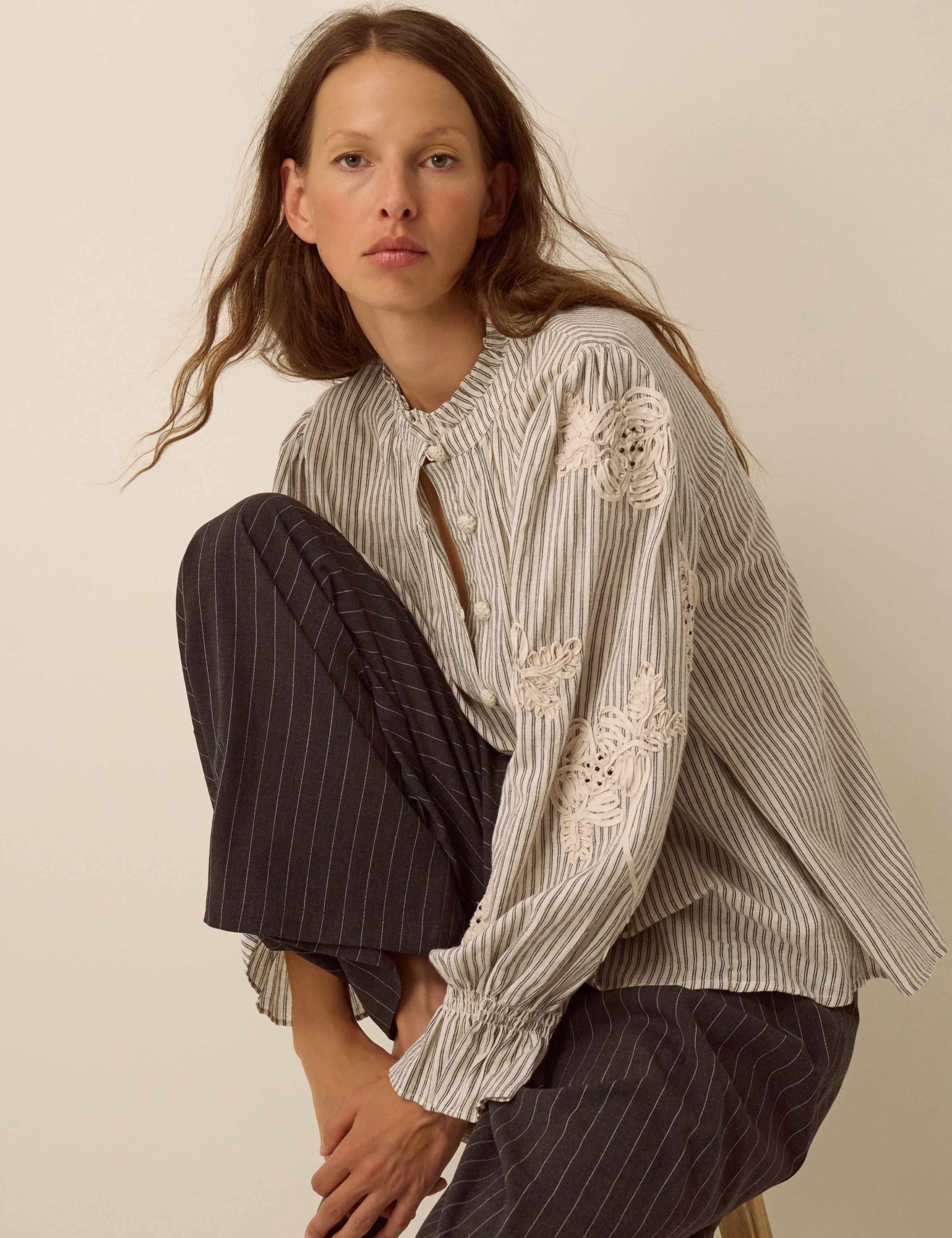 Cotton Rich Striped High Neck Shirt with Linen 4 of 5