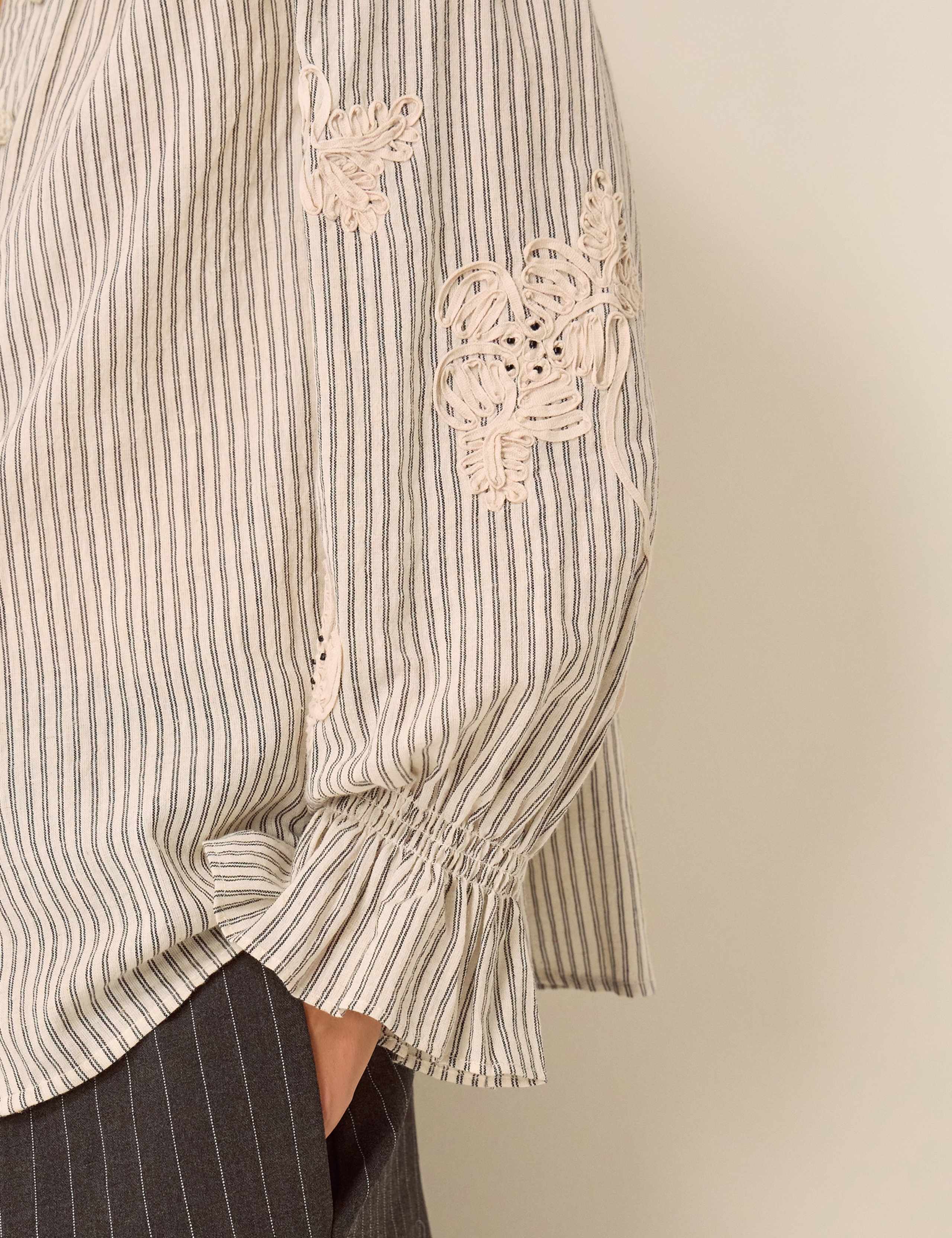 Cotton Rich Striped High Neck Shirt with Linen 5 of 5