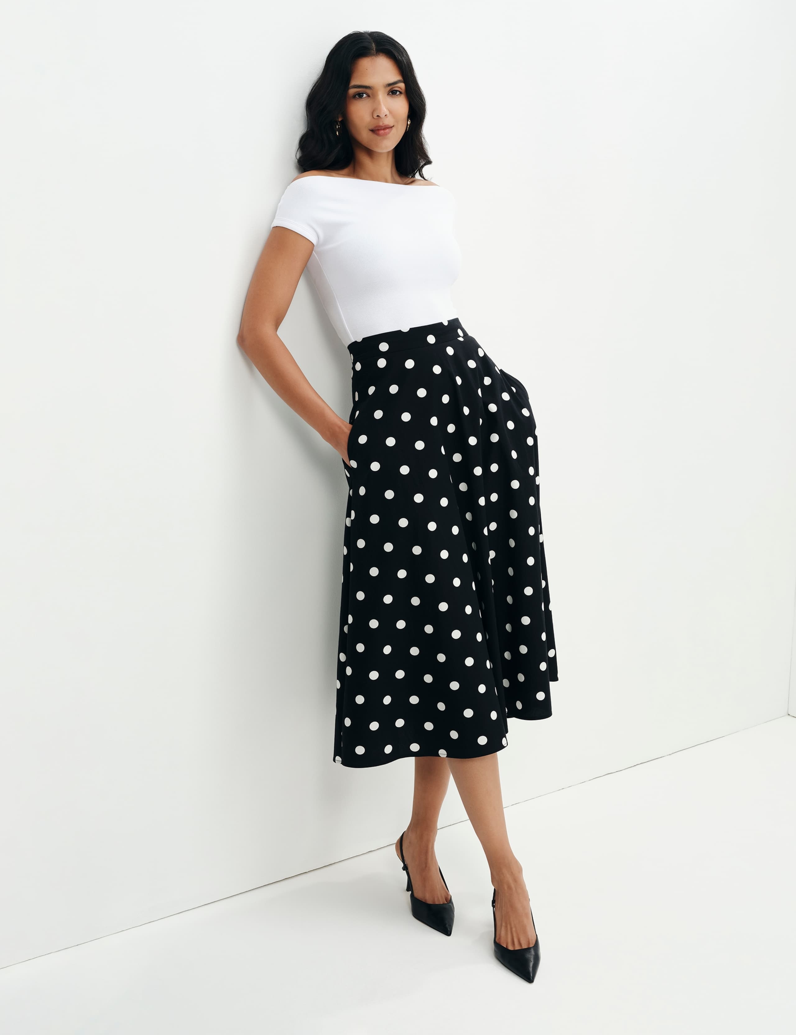Pure Cotton Polka Dot Midi A-Line Skirt 1 of 10