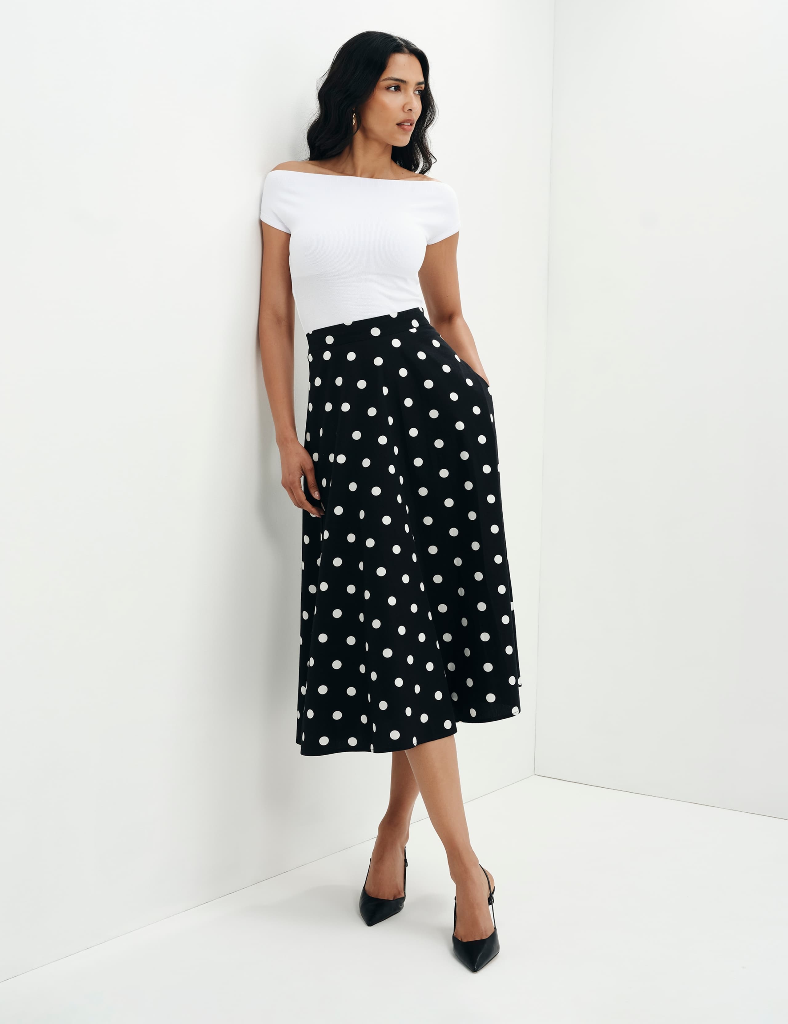 Pure Cotton Polka Dot Midi A-Line Skirt 2 of 10