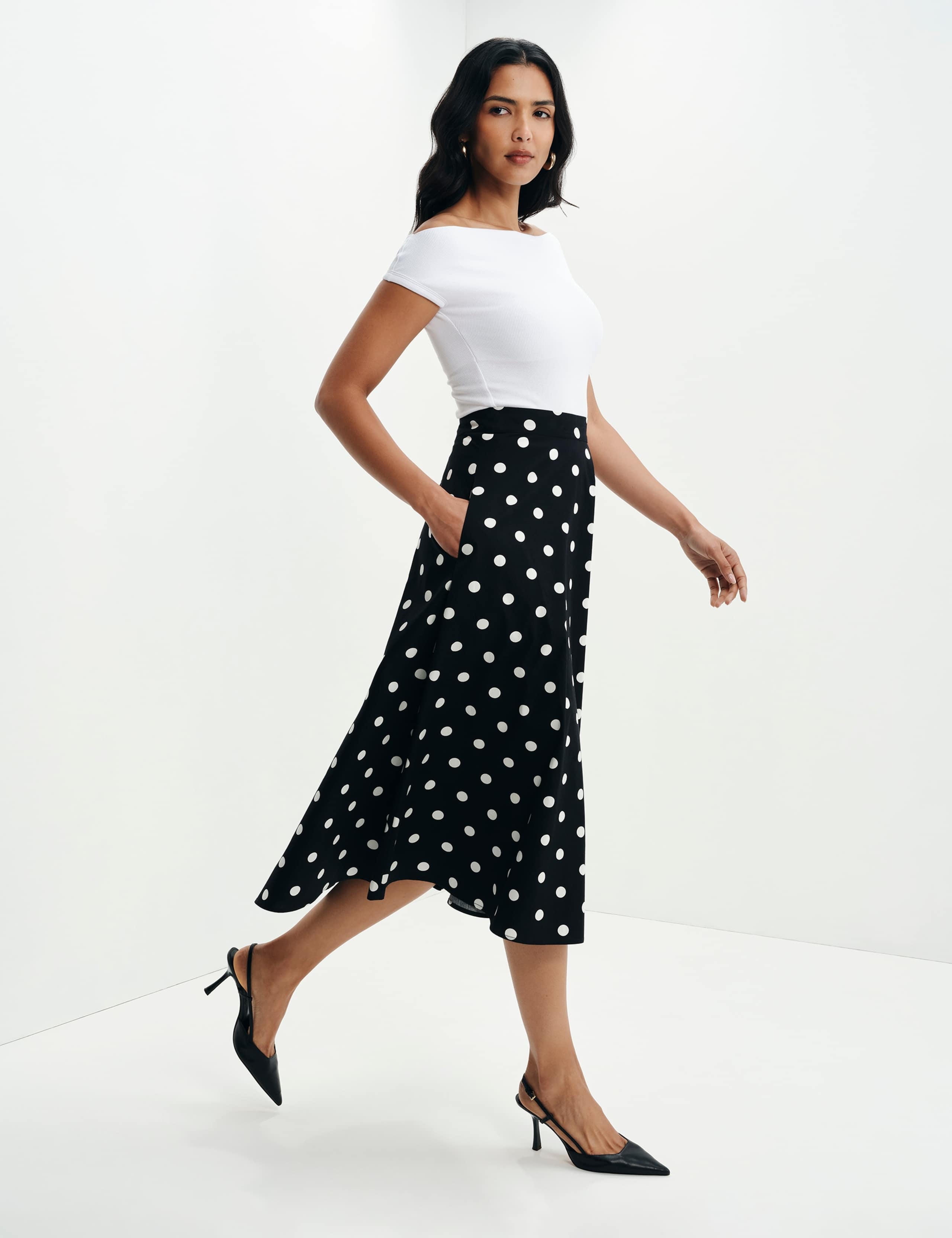 Pure Cotton Polka Dot Midi A-Line Skirt 3 of 10