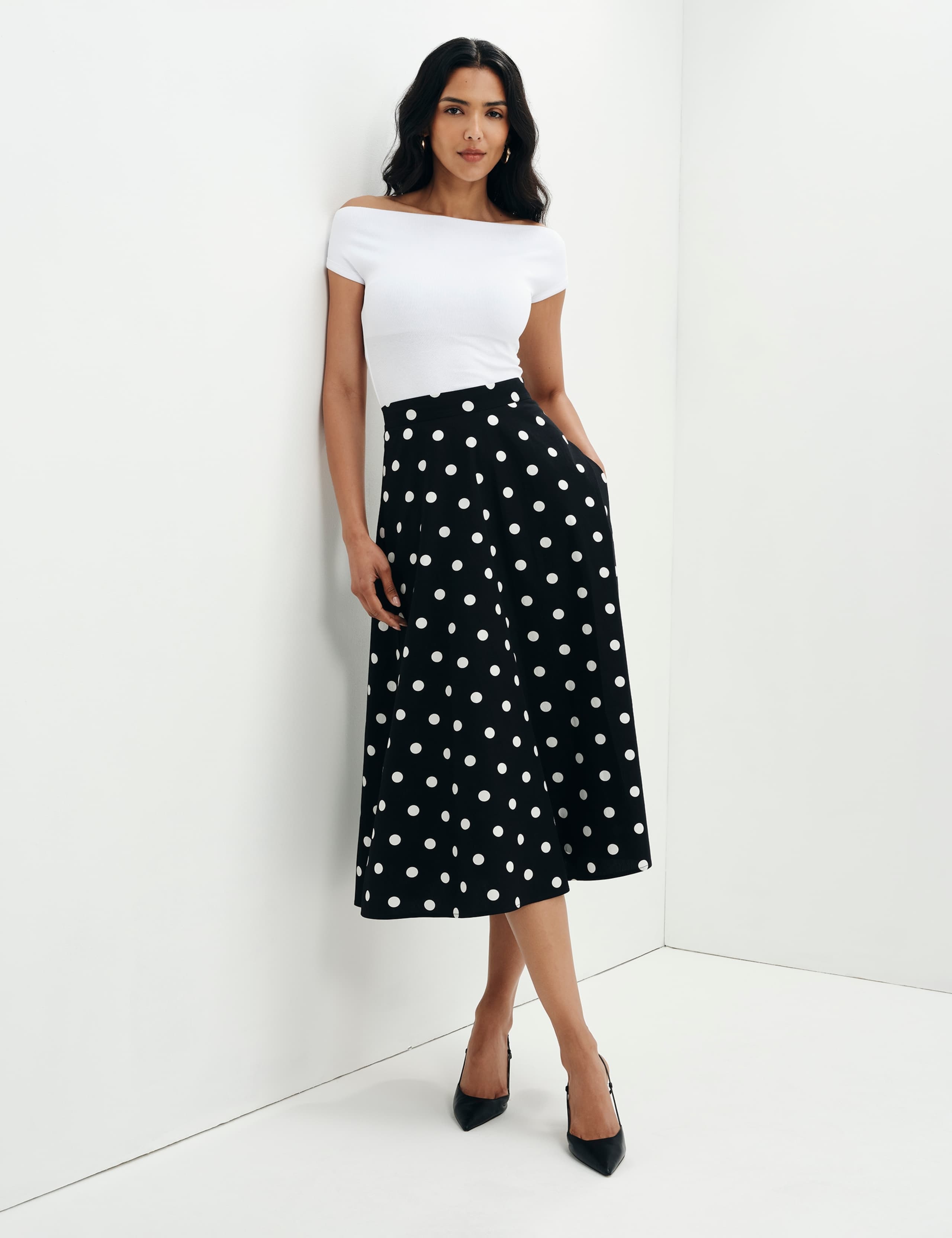 Pure Cotton Polka Dot Midi A-Line Skirt 8 of 10