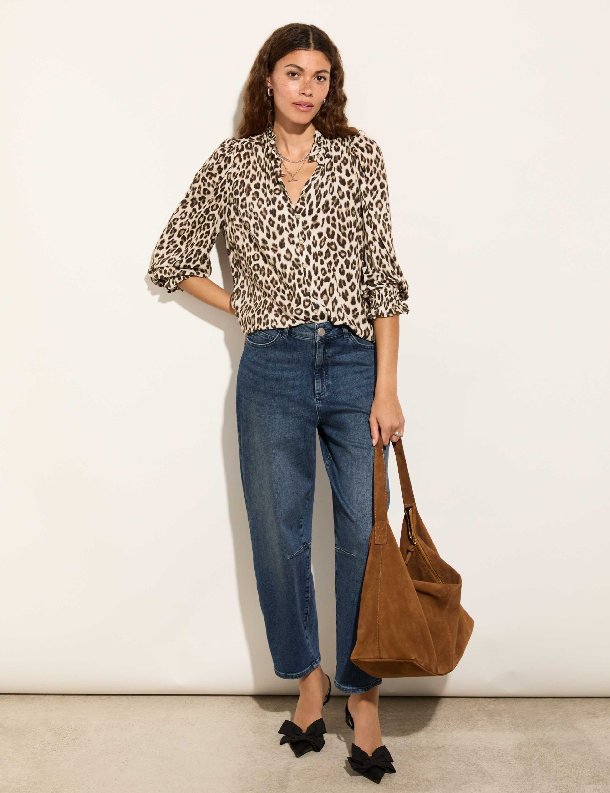 Animal Print Frill Neck Blouson Sleeve Blouse 3 of 6
